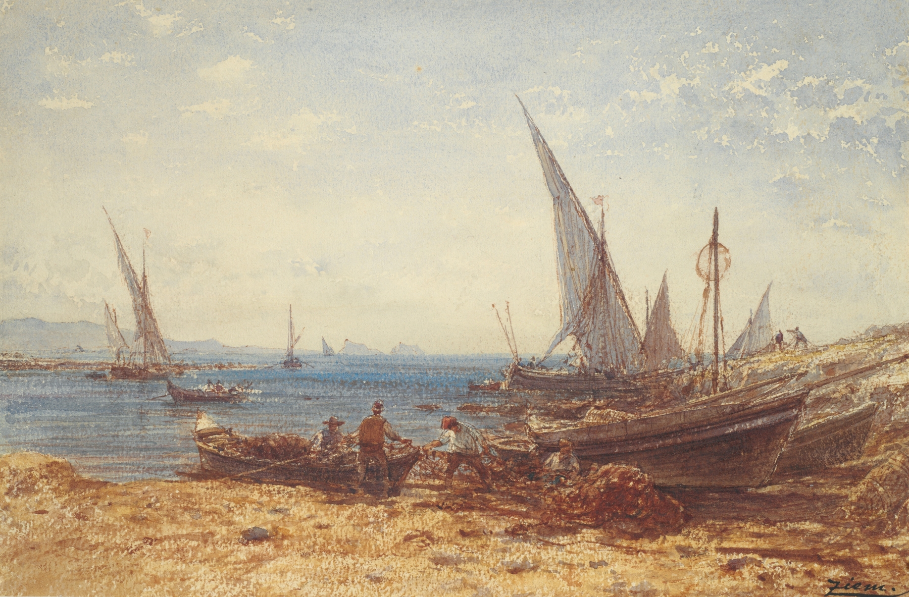 Fishermen and boats at water’s edge, oil painting by Félix Ziem