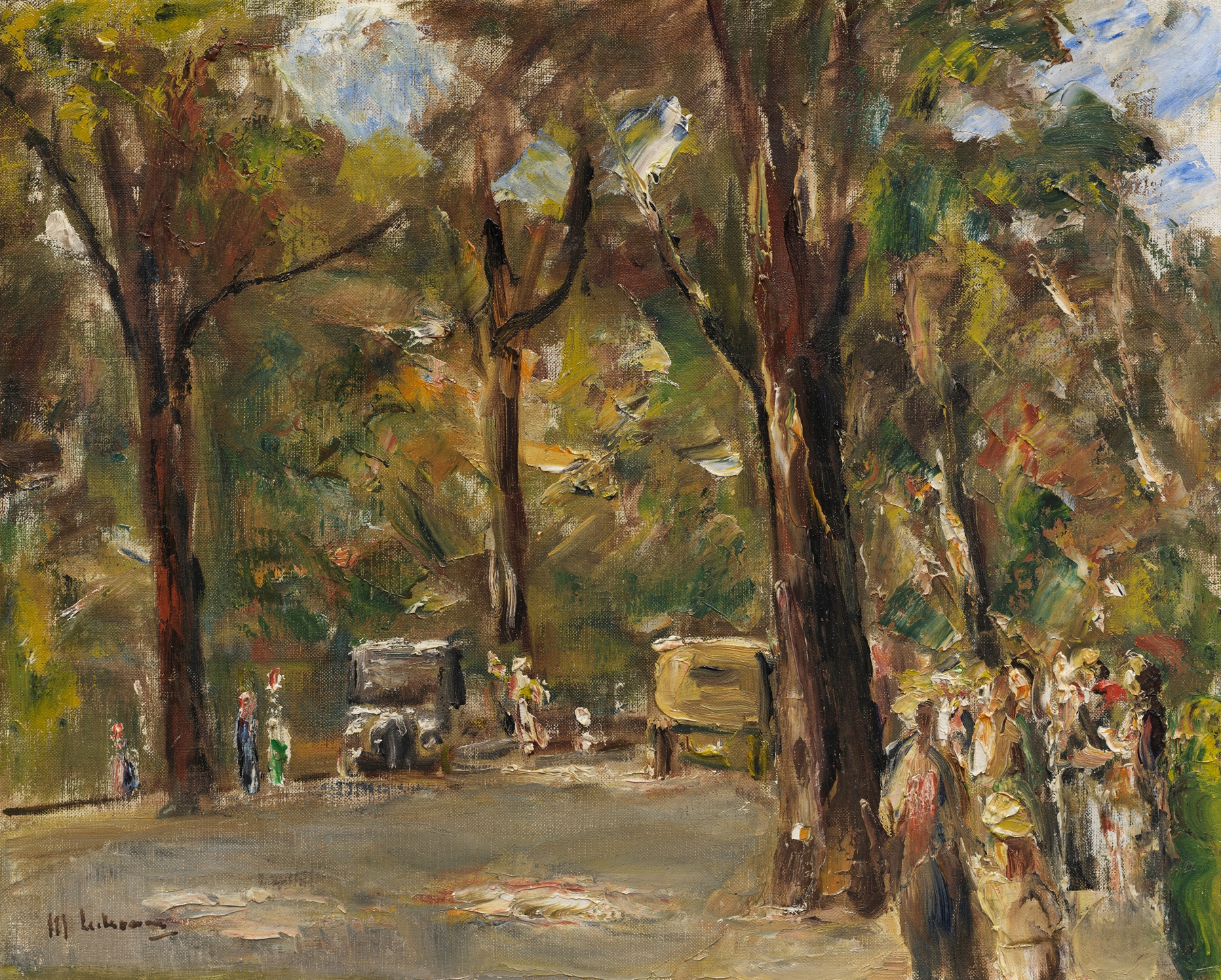 Allee mit Spaziergängern und Automobilen, by Max Liebermann, public domain