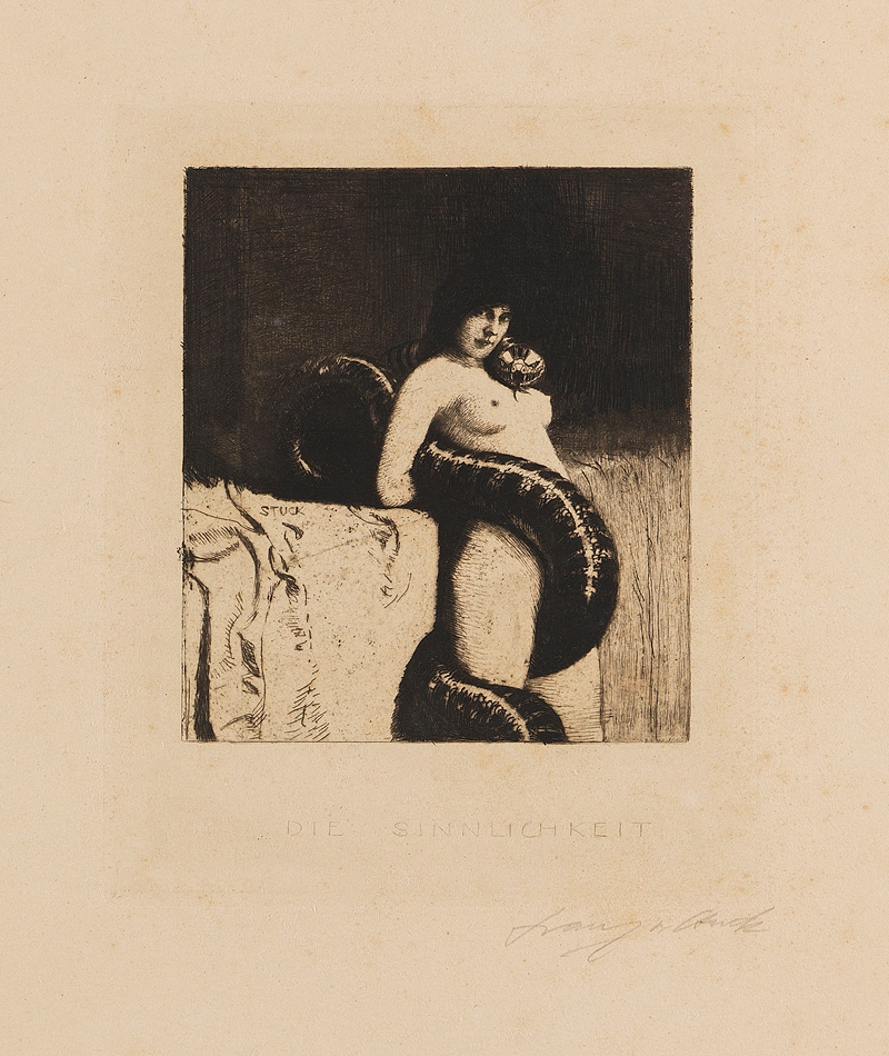 Franz von Stuck's 'Die Sinnlichkeit' explores themes of sensuality through vivid imagery.