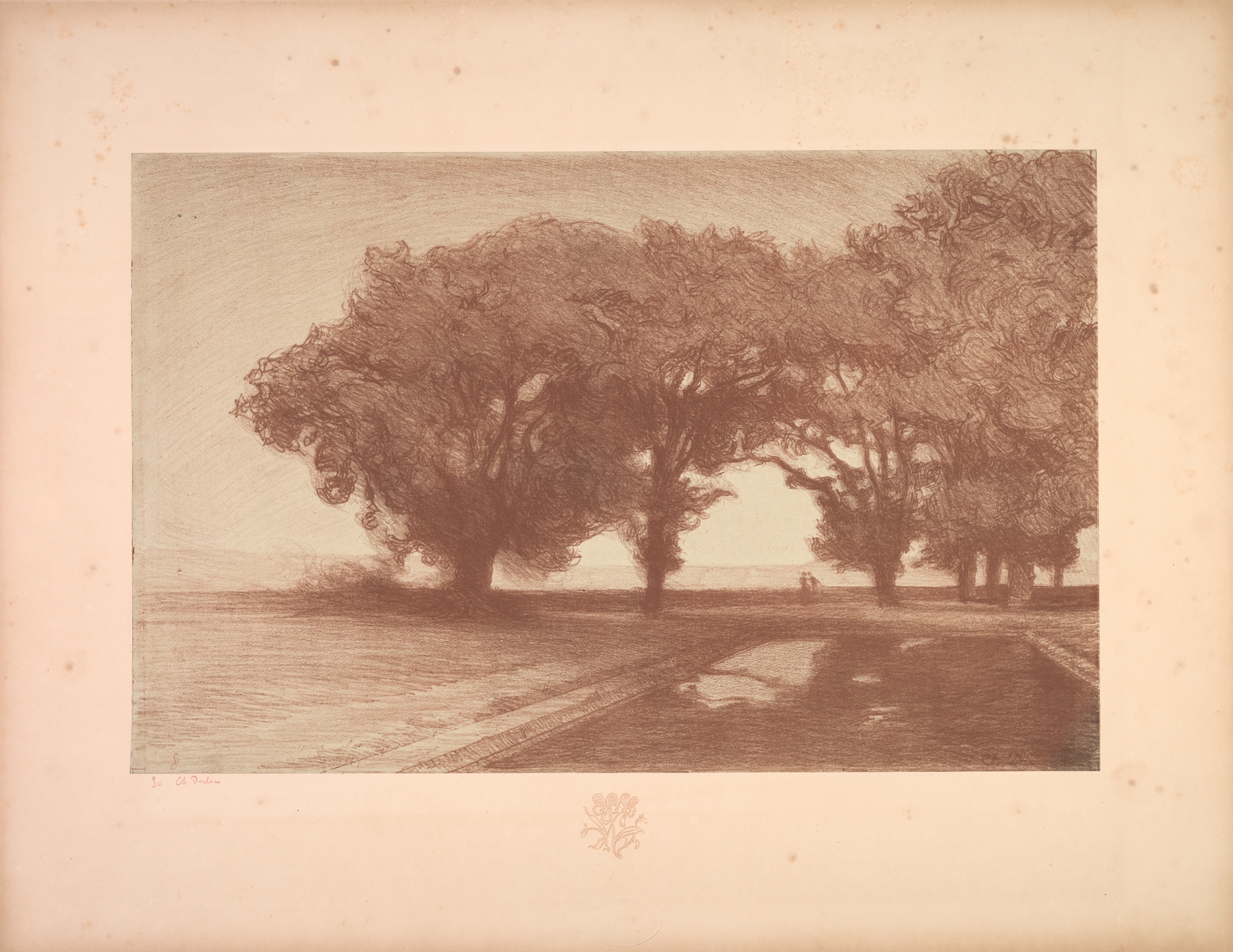 Color lithograph by Charles Marie Dulac depicting pansies in a landscape setting.