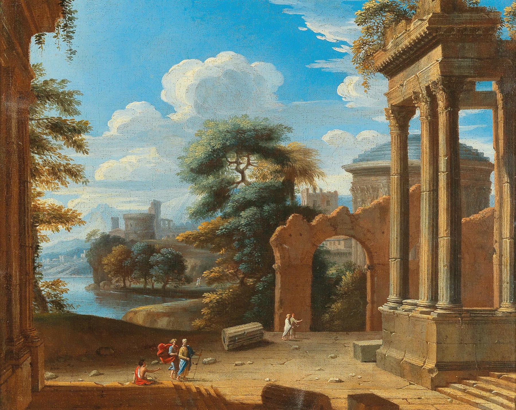 A river landscape with figures by ruins, Baroque style, by French School