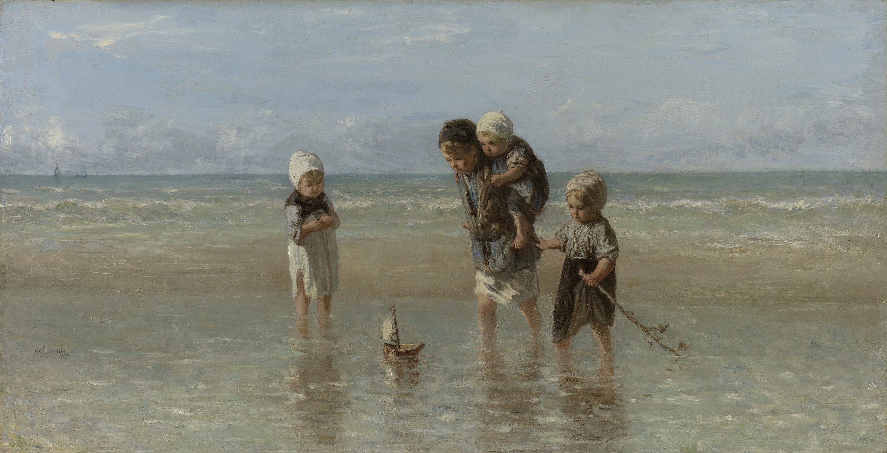 Children of the Sea, oil painting by Jozef Israëls, depicting children near a small boat