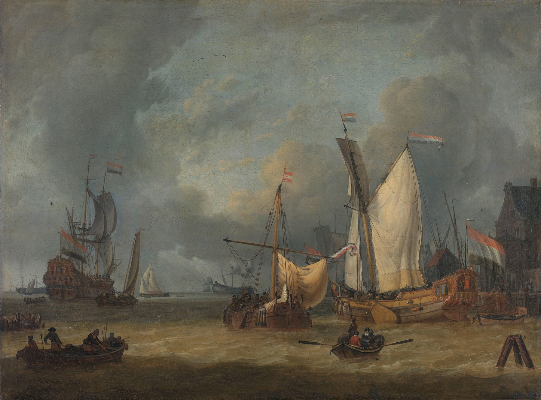 A Storm by Jan Claesz. Rietschoof, depicting ships in a harbor during a storm, oil painting