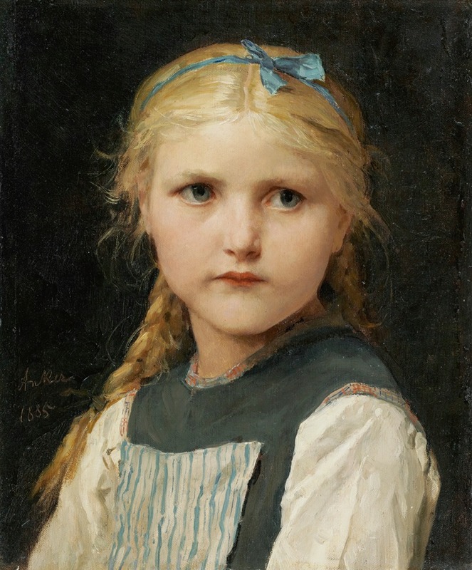 This painting depicts a young girl in a serene pose, showcasing her delicate features and attire.