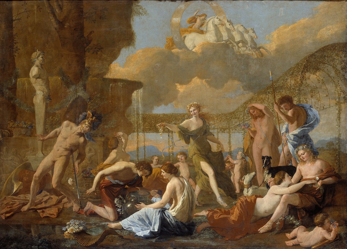 Nicolas Poussin's 'The Empire of Flora' is a captivating allegorical painting depicting the goddess Flora surrounded by lush flora.