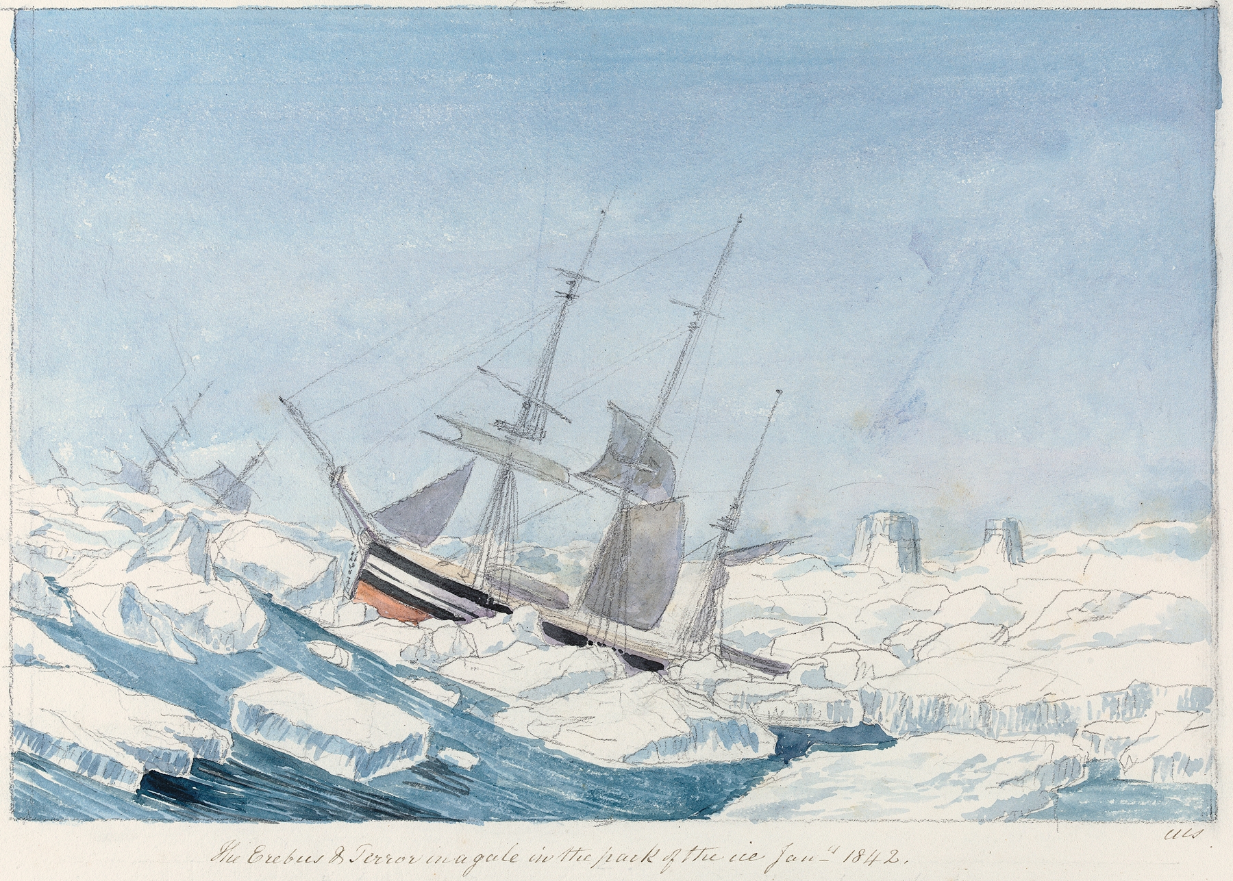 Oil painting by Charles Hamilton Smith depicting ships in a stormy sea with ice