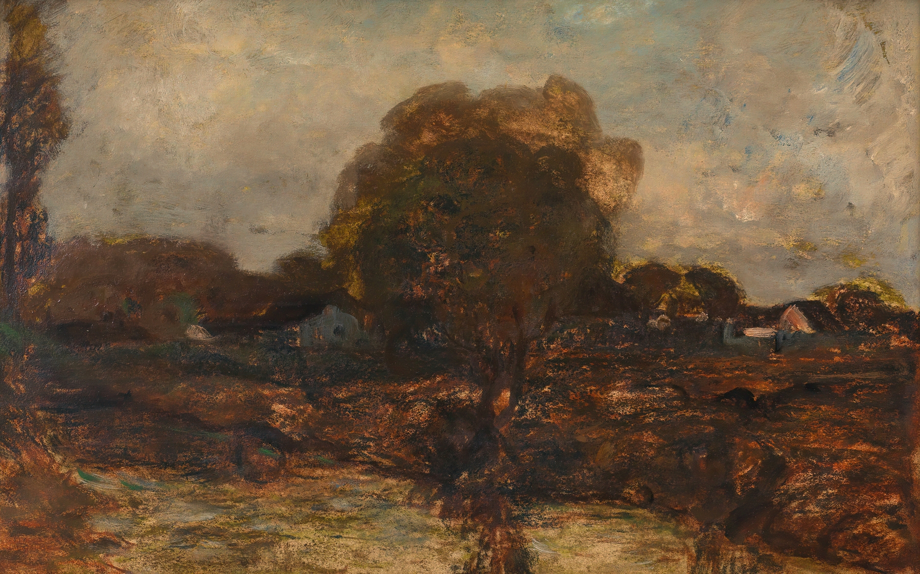 Flusslandschaft mit Dorf by Adolf Hölzel, depicting a tranquil river landscape with a village.
