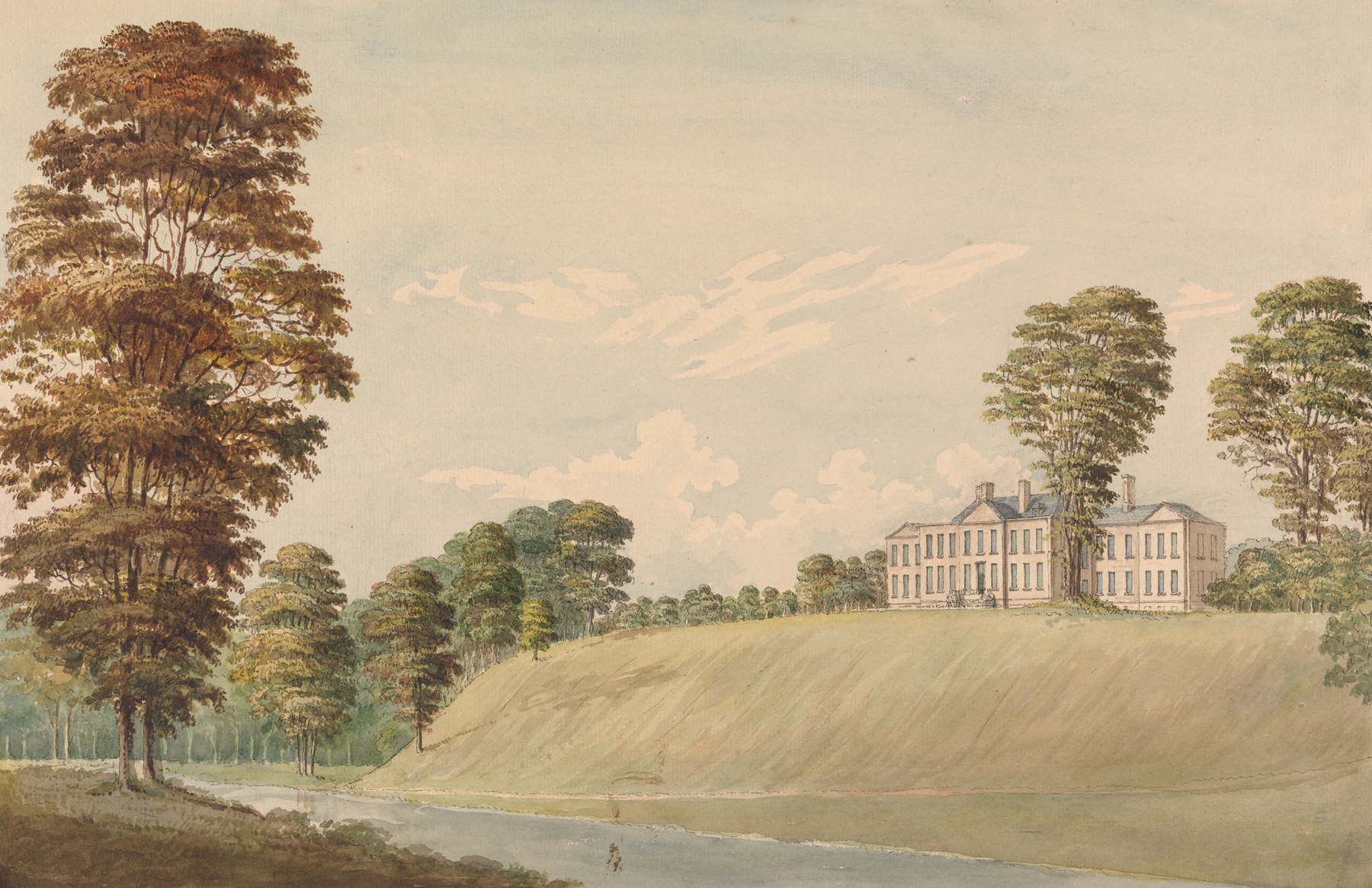 Watercolour by Moses Griffith depicting hills and valleys in Wales