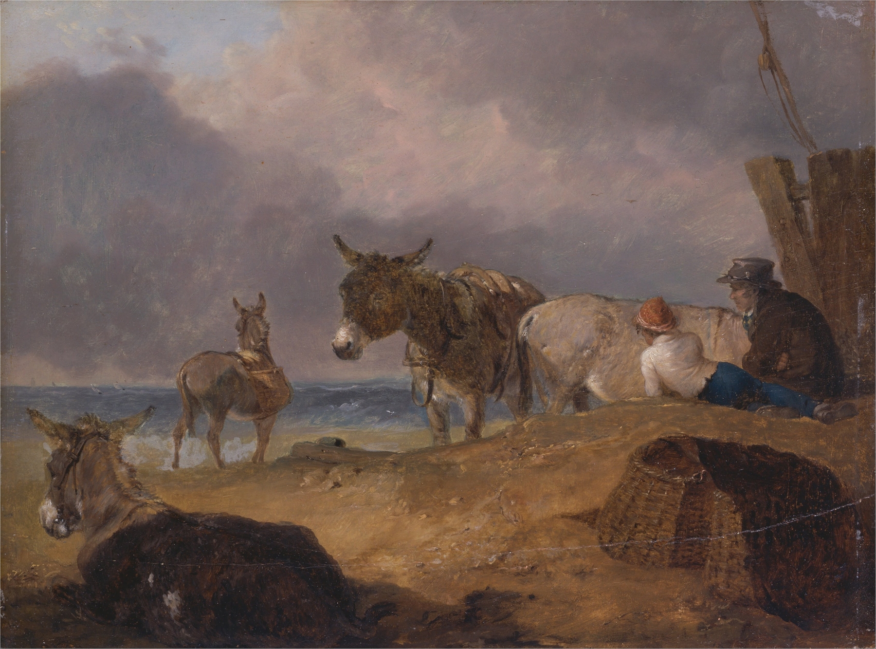 Donkeys and Figures on a Beach by Julius Caesar Ibbetson, oil painting depicting figures and donkeys on a beach.