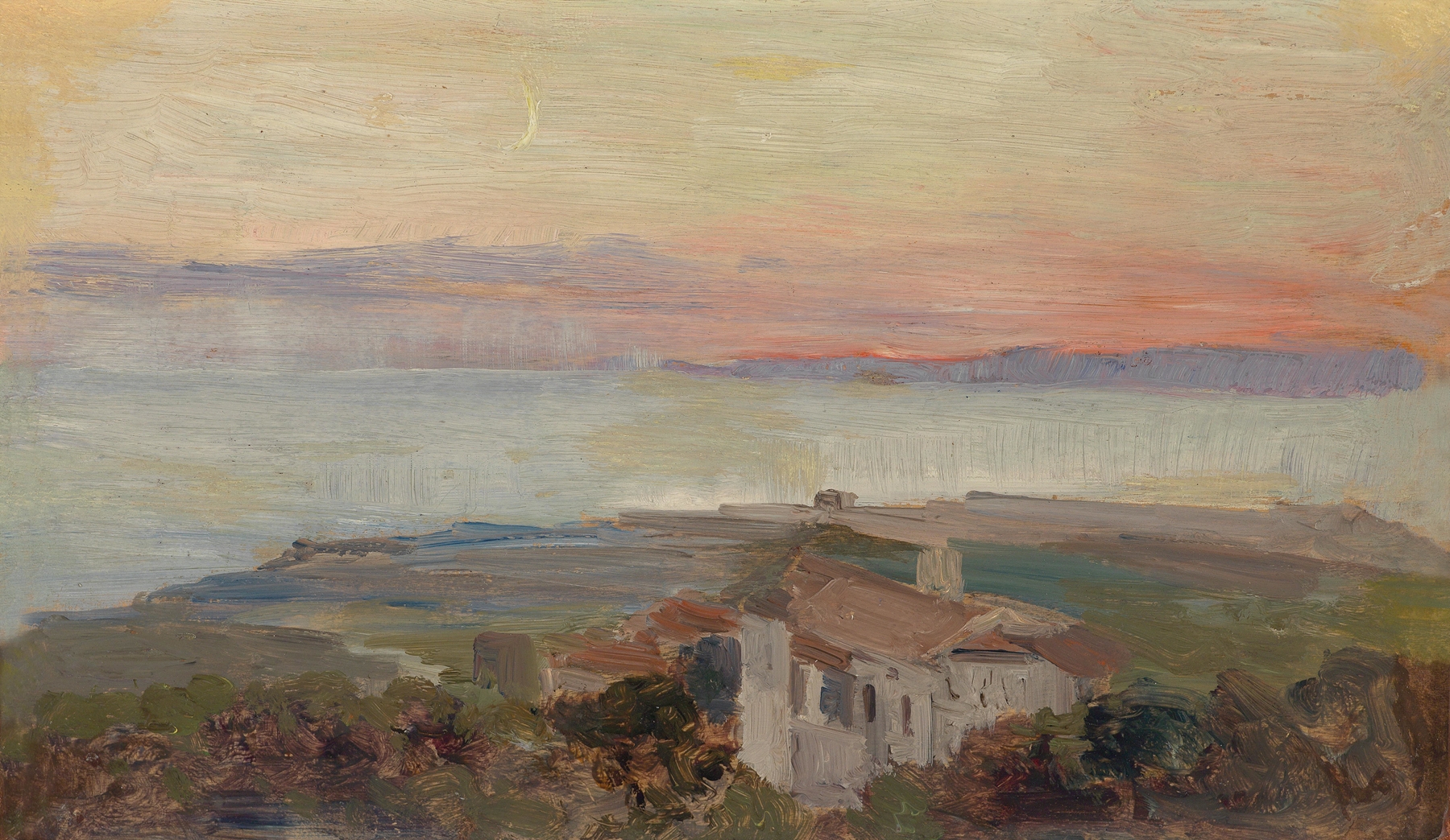 Torre del Greco by Marie Egner, oil on canvas depicting a sunset over the coastline.