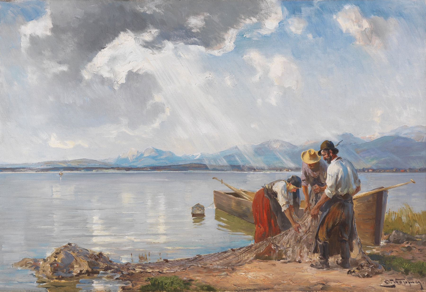 Fischer am Chiemseeufer, by Joseph Wopfner, public domain