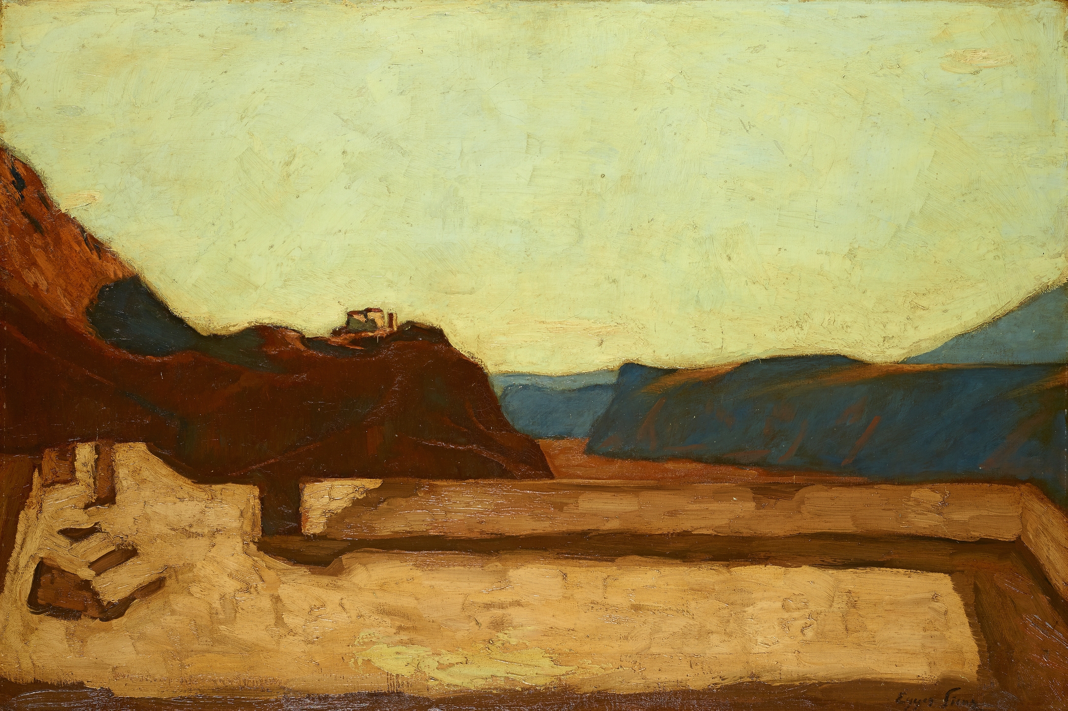 Figurative scene with figures on a hillside in golden light by Albin Egger Lienz, oil painting, 1922