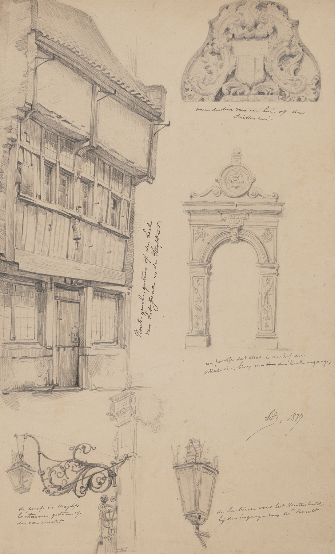 Architectural drawing of a wooden facade by Edward Dujardin, ink on paper