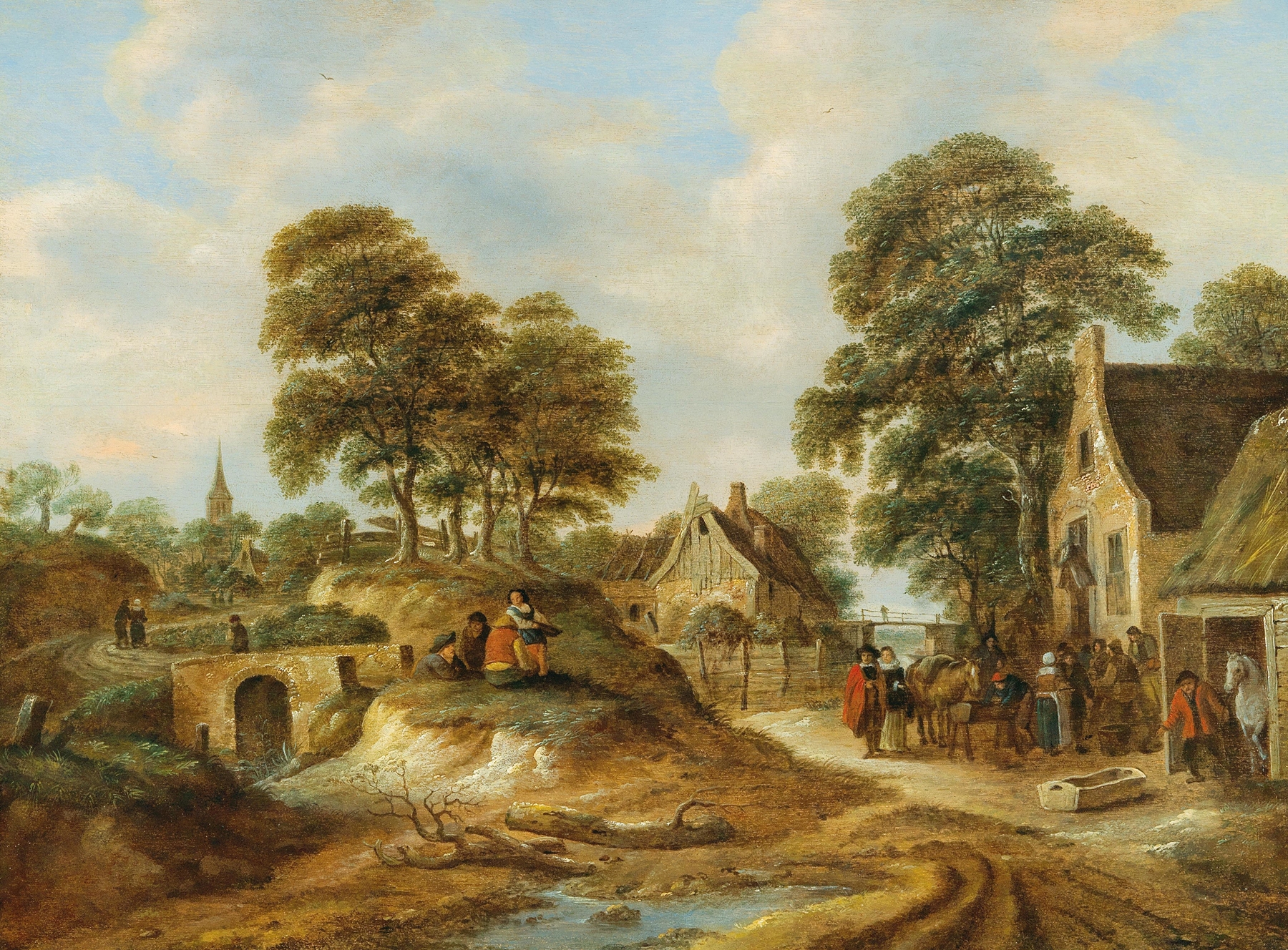Genre scene of travelers and peasants at an inn, oil on canvas by Nicolaes Molenaer