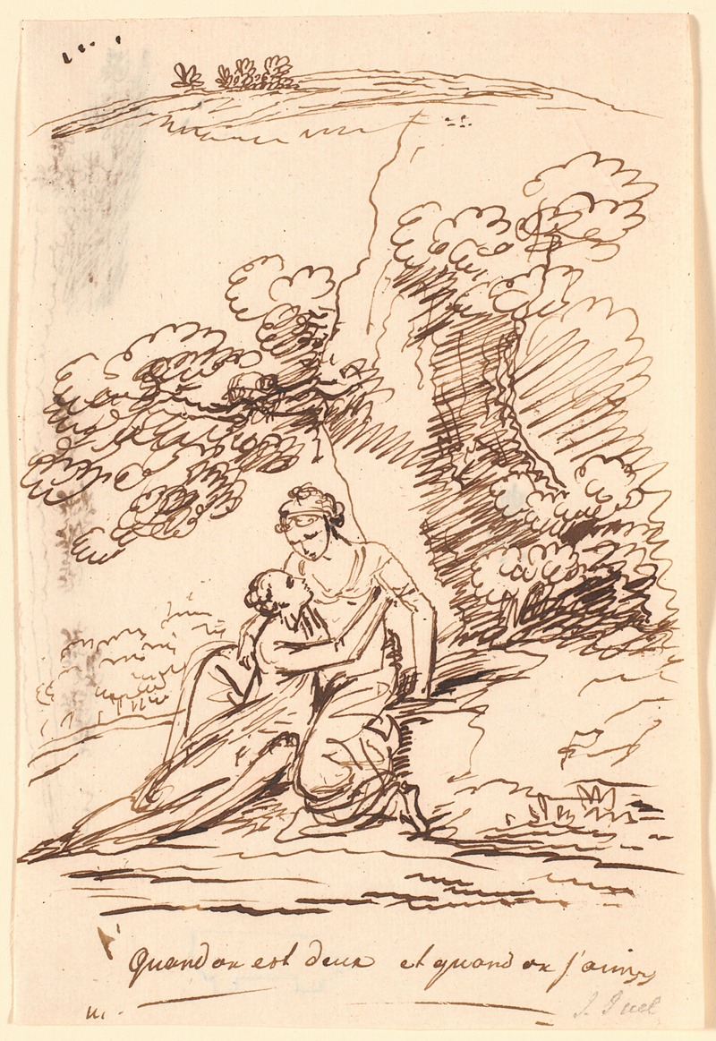 A romantic scene depicting two lovers in a serene setting.