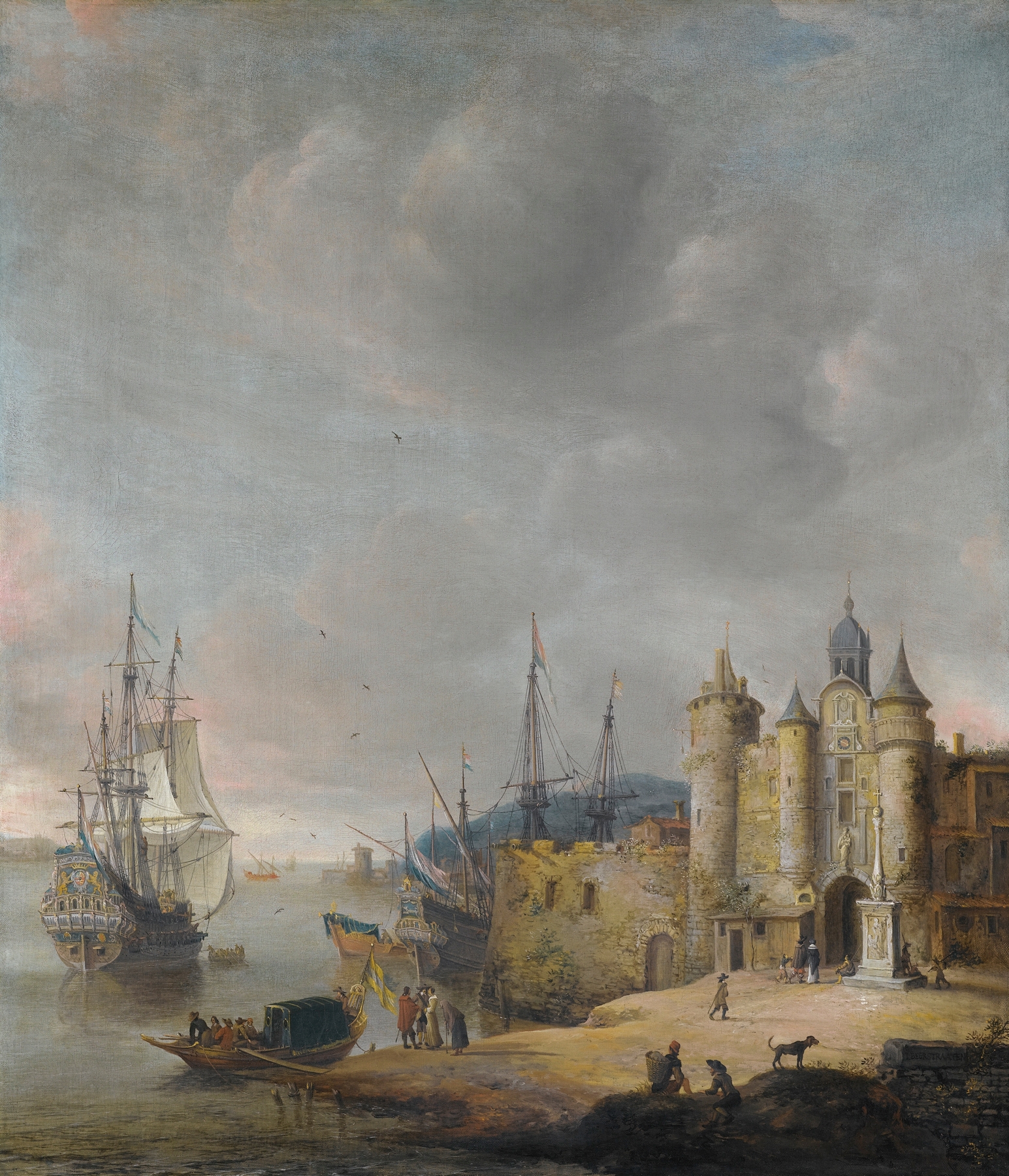 A harbour scene with ships and figures conversing, oil painting by Jan Abrahamsz Beerstraaten