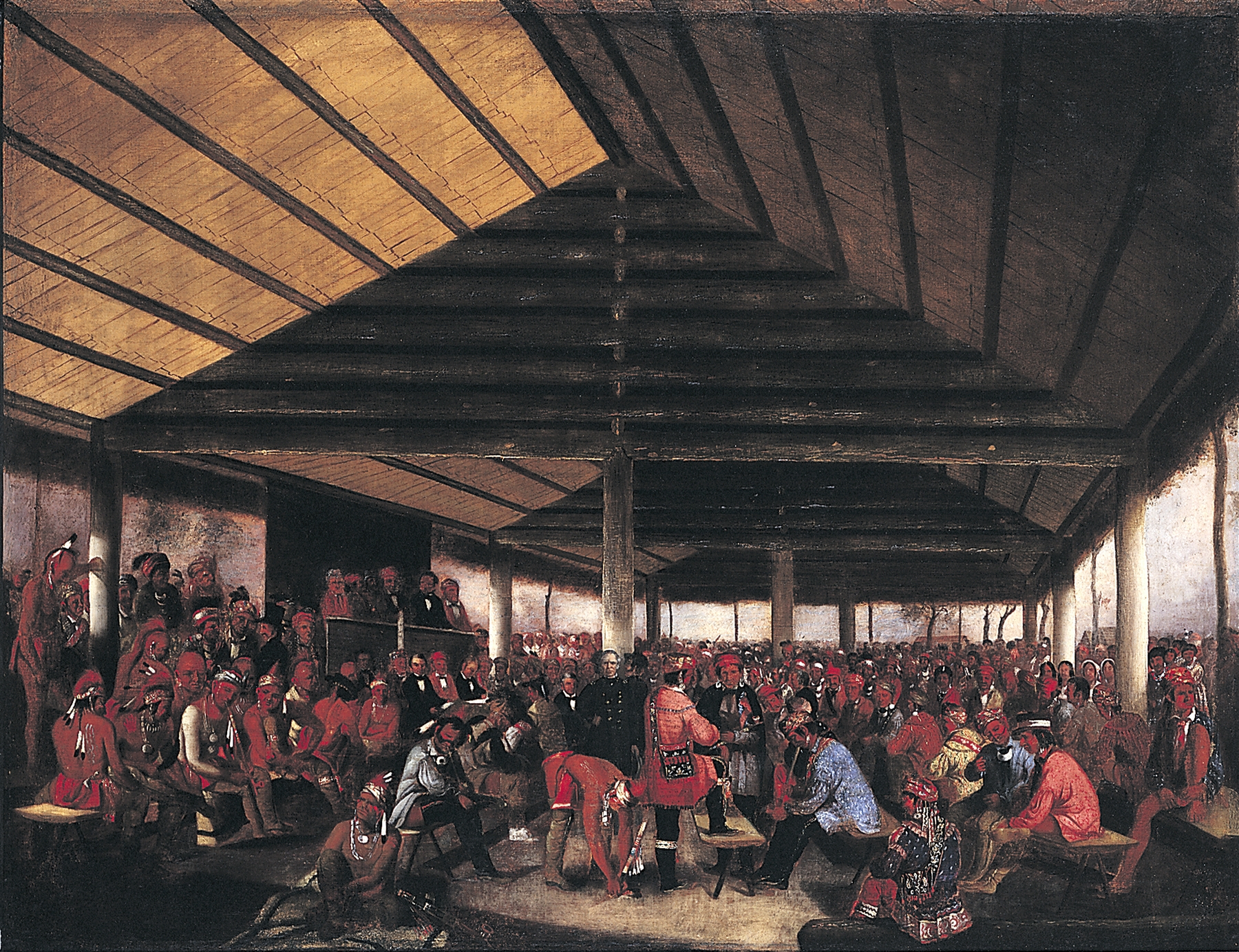 Historical oil painting by John Mix Stanley depicting a council of native figures in 1843