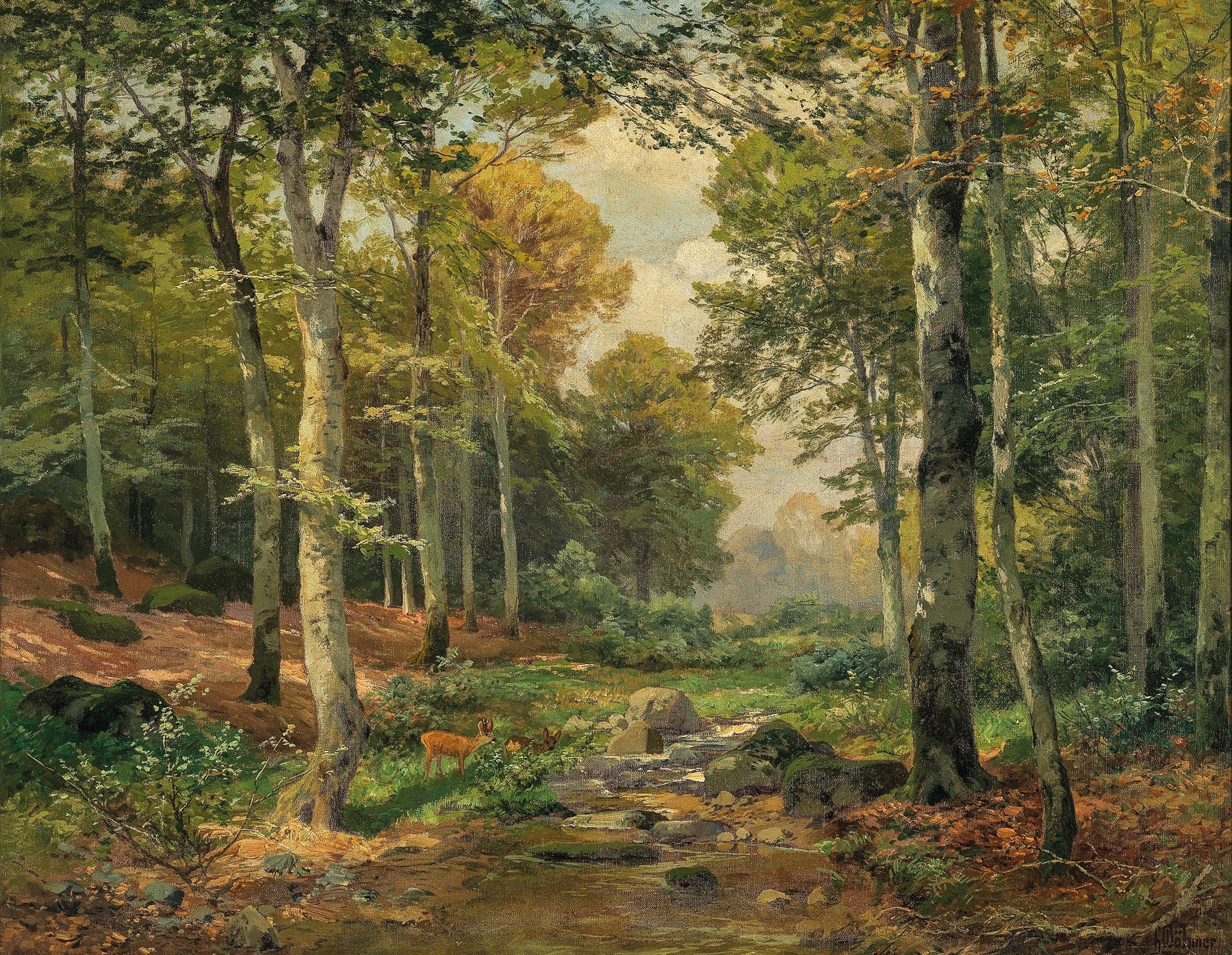 A sunlit forest scene with a roe deer, oil painting by Heinrich Böhmer