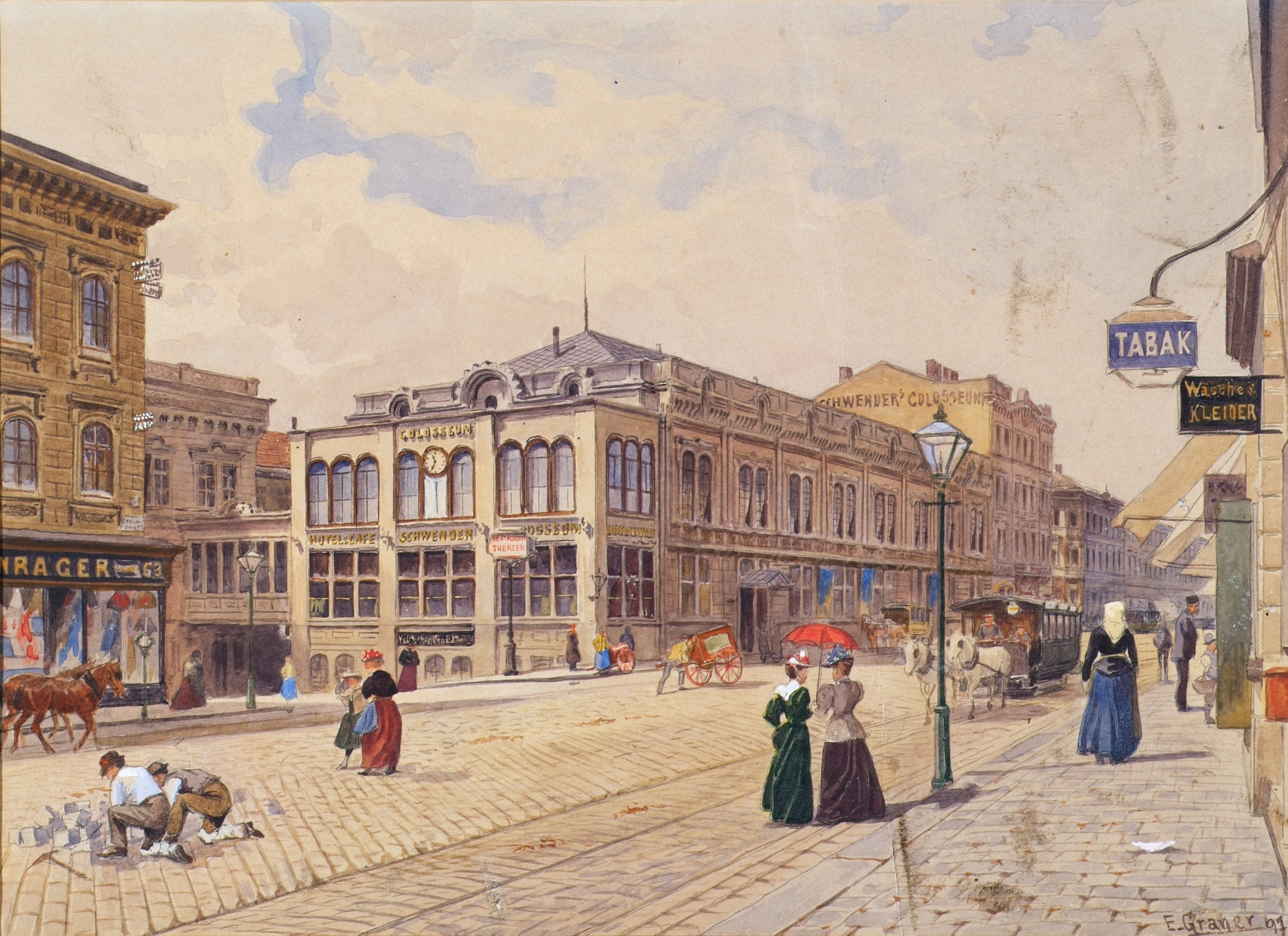 Die Schwendergasse In Wien Mit Schwenders Colosseum by Ernst Graner, oil painting depicting historic architecture.