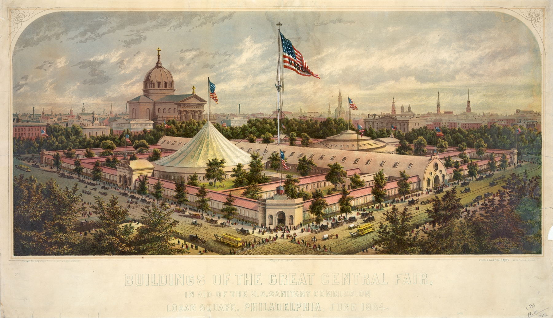Buildings of the Great Central Fair, in aid of the U.S. Sanitary Commission, Logan Square, Philadelphia, June 1864, by James Fuller Queen, public domain