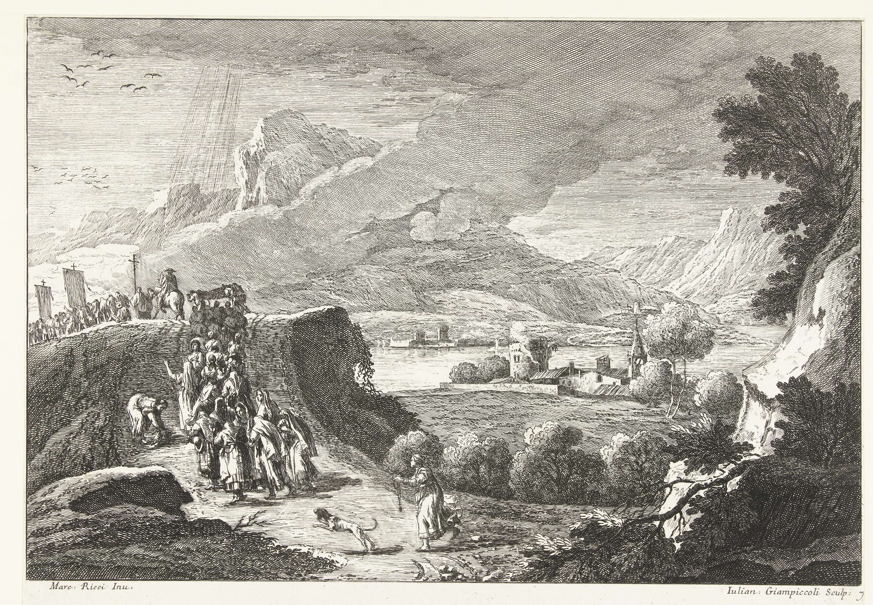Historical etching by Giuliano Giampiccoli depicting a solemn procession in a pastel landscape.