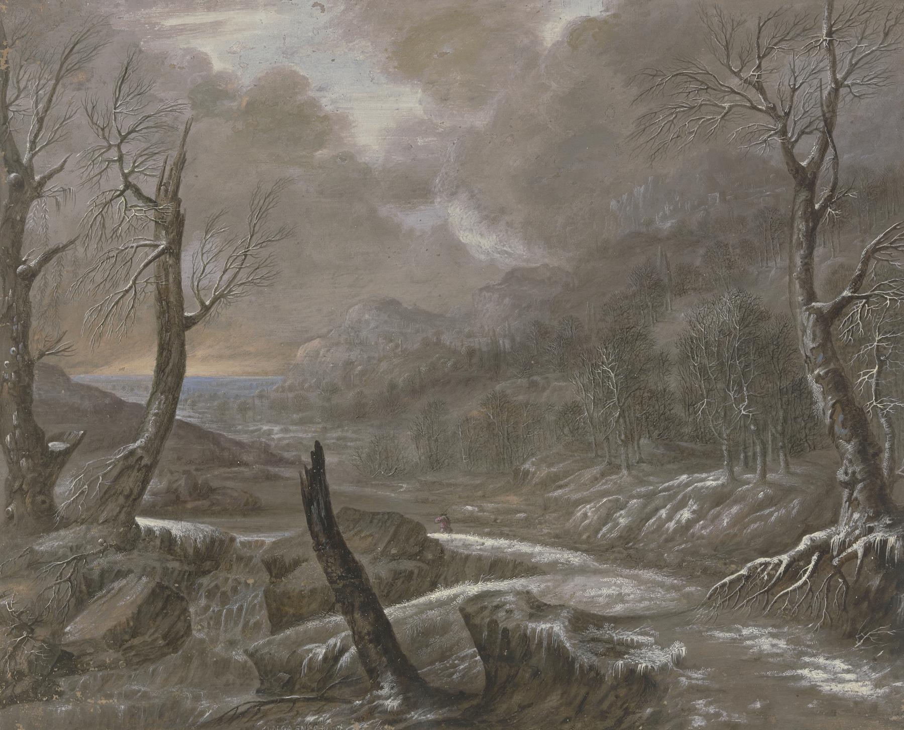Wasserlandschaft mit einem Fluss by Johann Nikolaus Gassner, oil painting depicting a serene river landscape.
