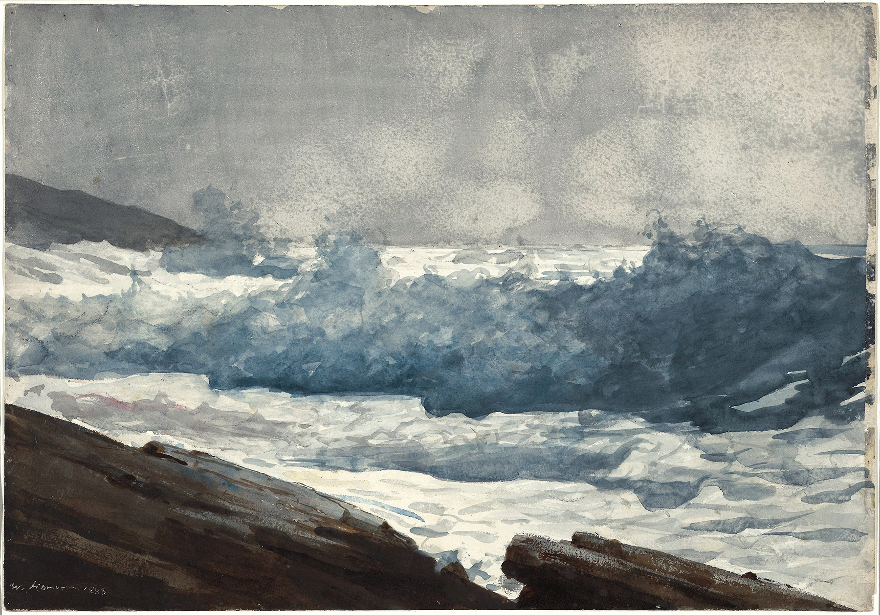 Marine scene with waves and rocks in oil on canvas by Winslow Homer