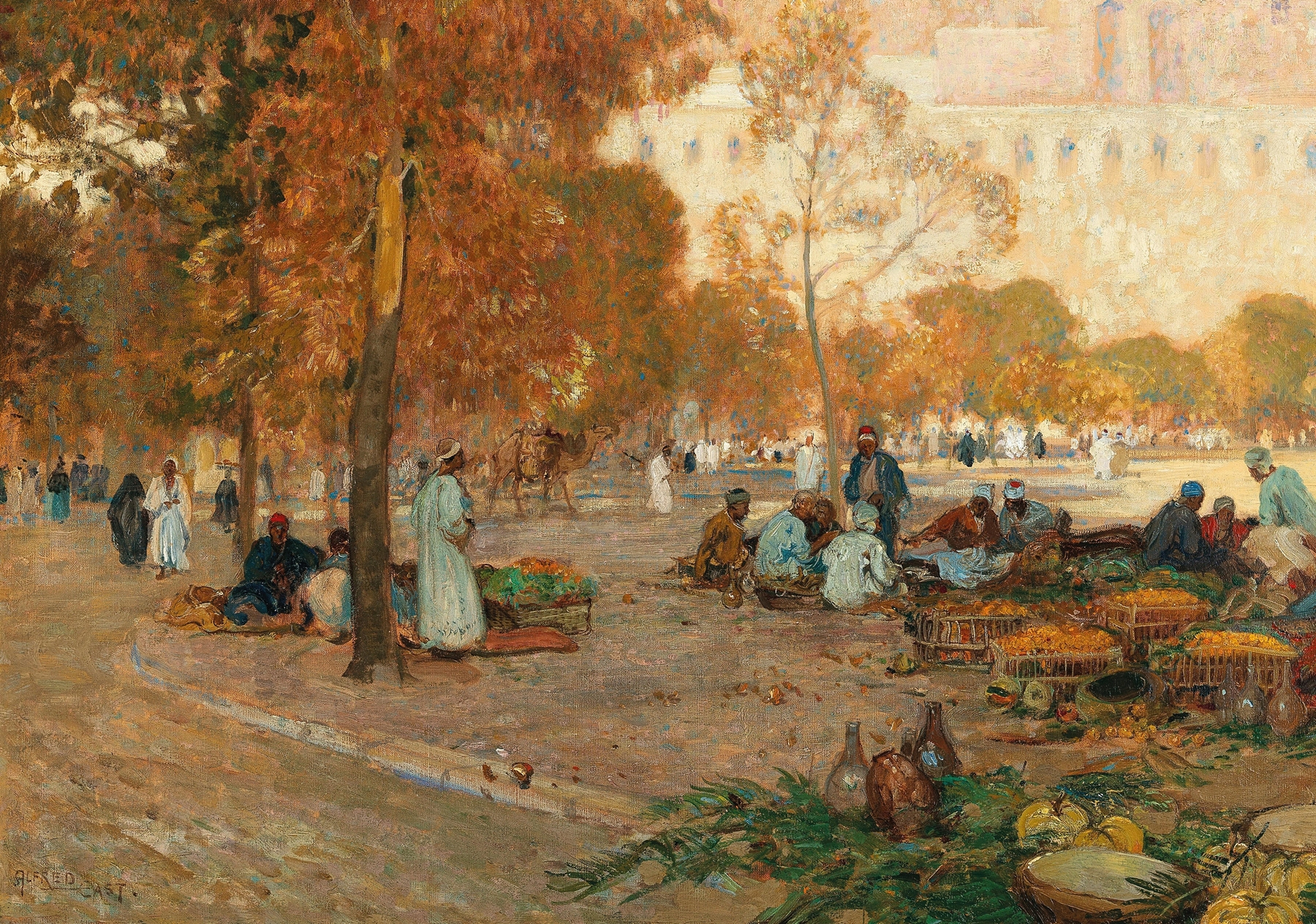 Market scene with vendors and spices, oil on canvas by Sir Alfred East