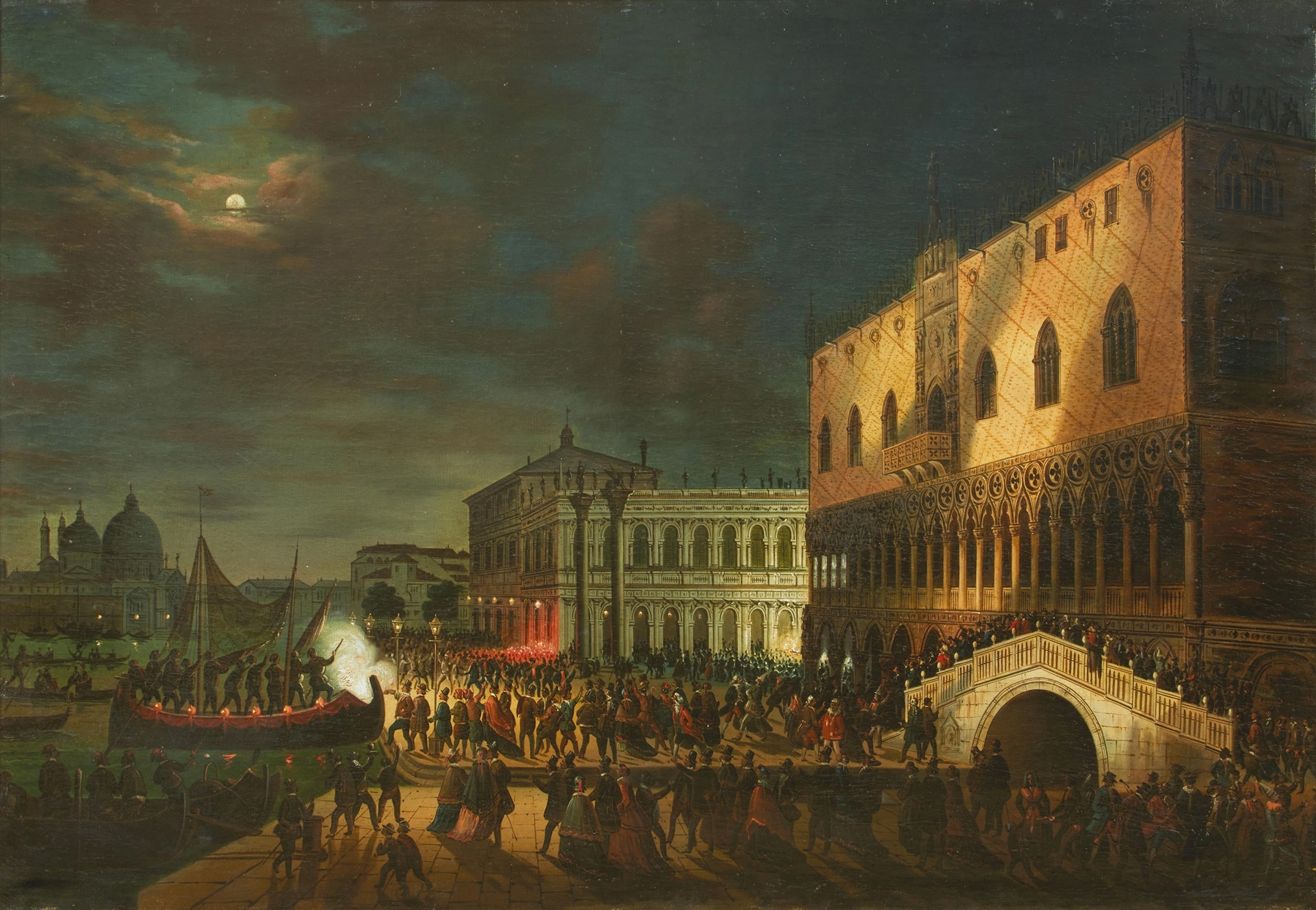 Genre scene depicting a night feast at the Piazzetta in Venice by Giovanni Grubacs, oil painting
