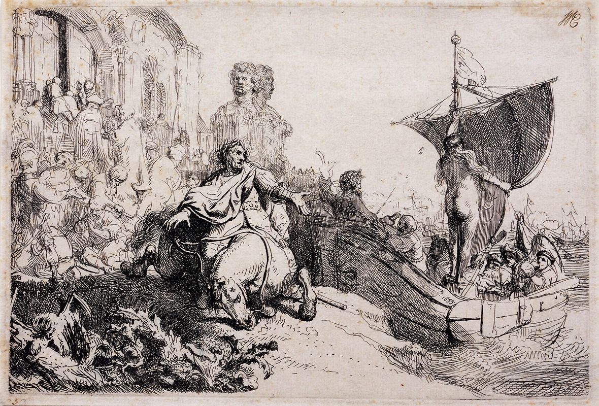 The Ship of Fortune by Rembrandt van Rijn depicts a ship navigating turbulent waters.