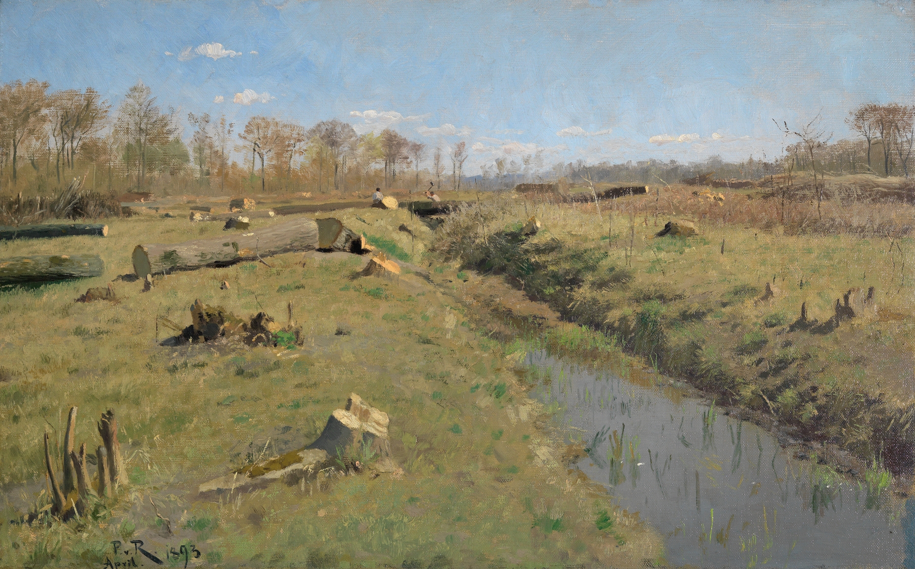 oil painting by Paul von Ravenstein depicting woodcutting in a forest