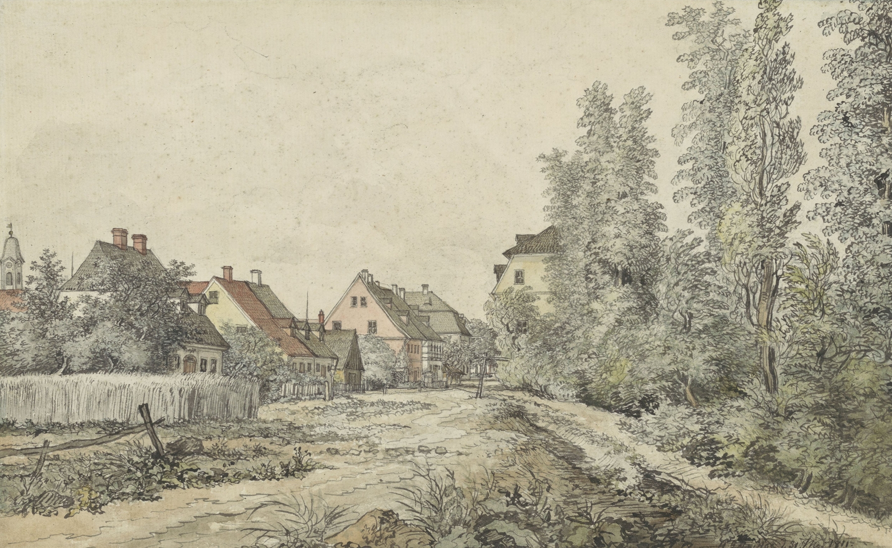 Watercolour by Henry Edridge depicting a village landscape with homes and a winding pathway.