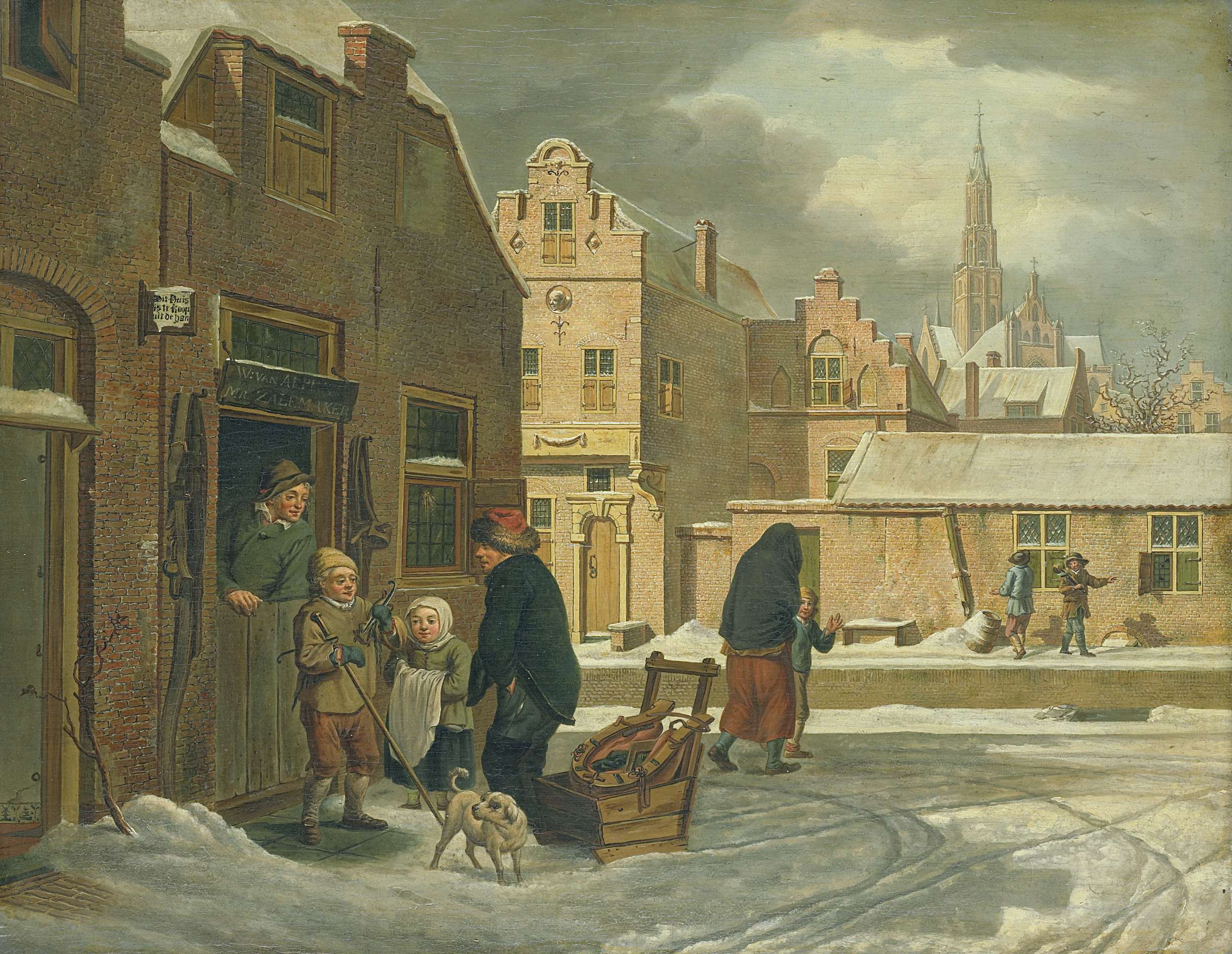 Genre scene depicting children with skates in winter, oil on panel by Dirk Jan van der Laan