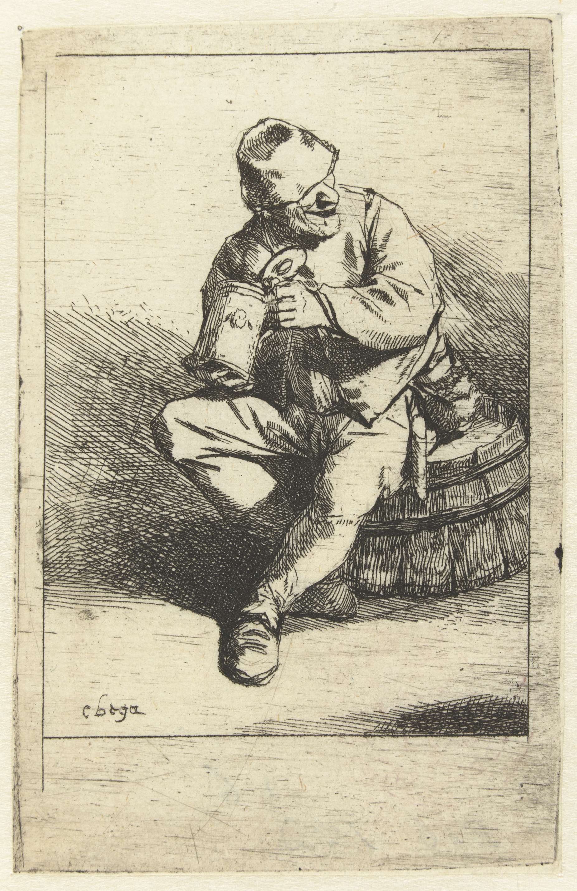 Man zittend op ton met kruik in handen, by Cornelis Pietersz. Bega, public domain