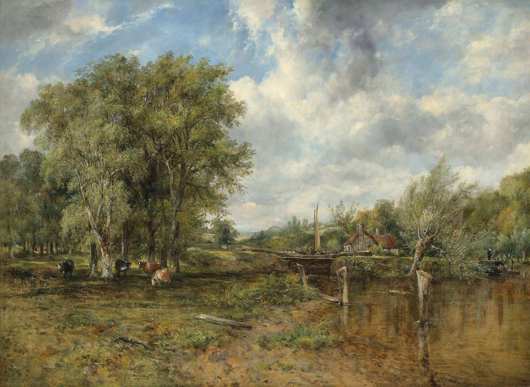 A wooded landscape with cattle and a cottage beyond, oil painting by Frederick Waters Watts