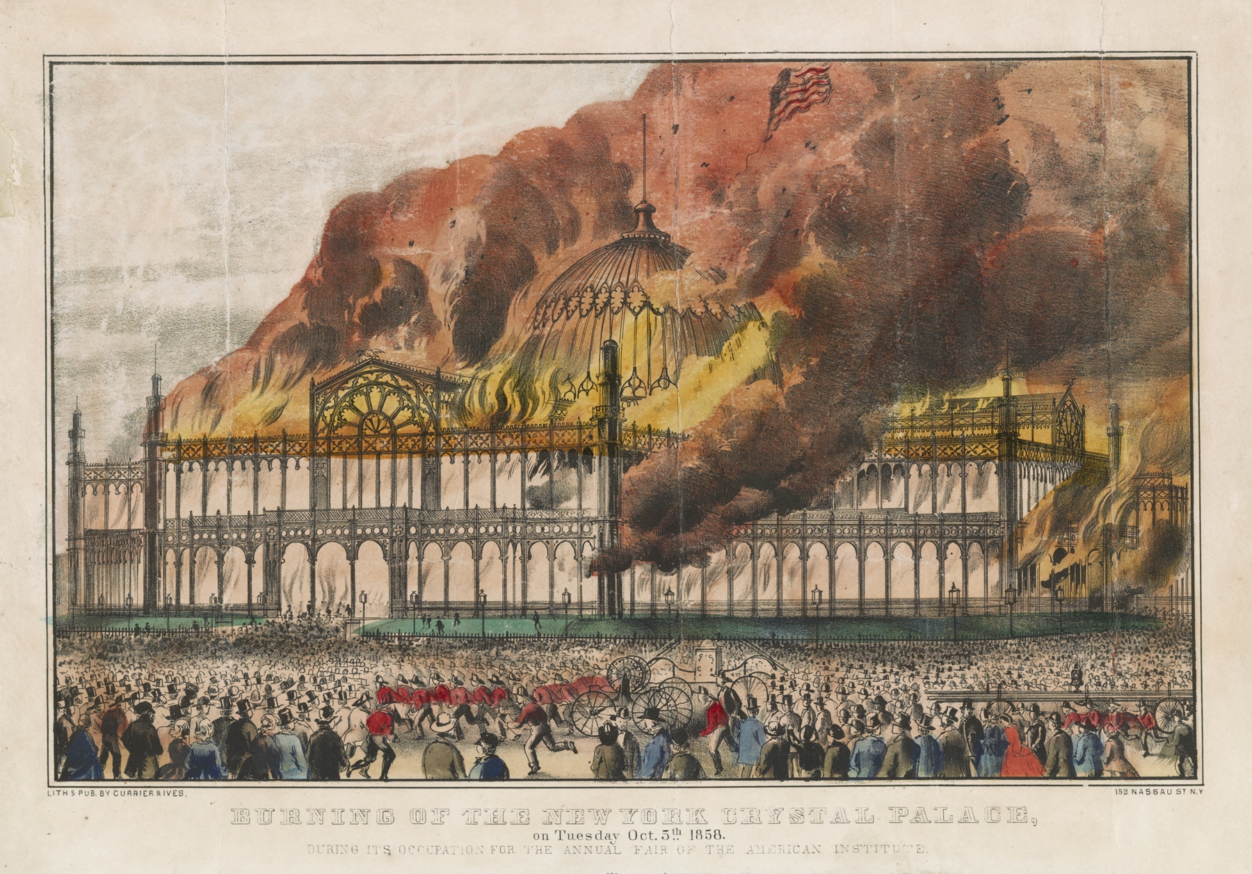 Burning of the New York Crystal Palace; on Tuesday Oct. 5th 1858, by Currier & Ives., public domain