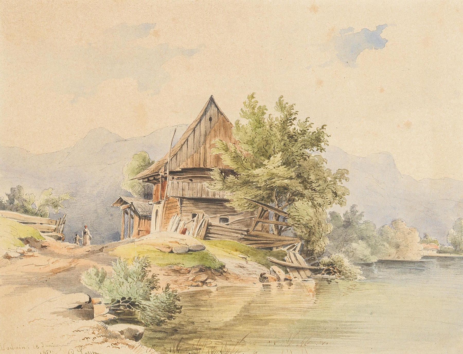 Landscape oil painting by Carl Lafite featuring a cabin by a tranquil lake