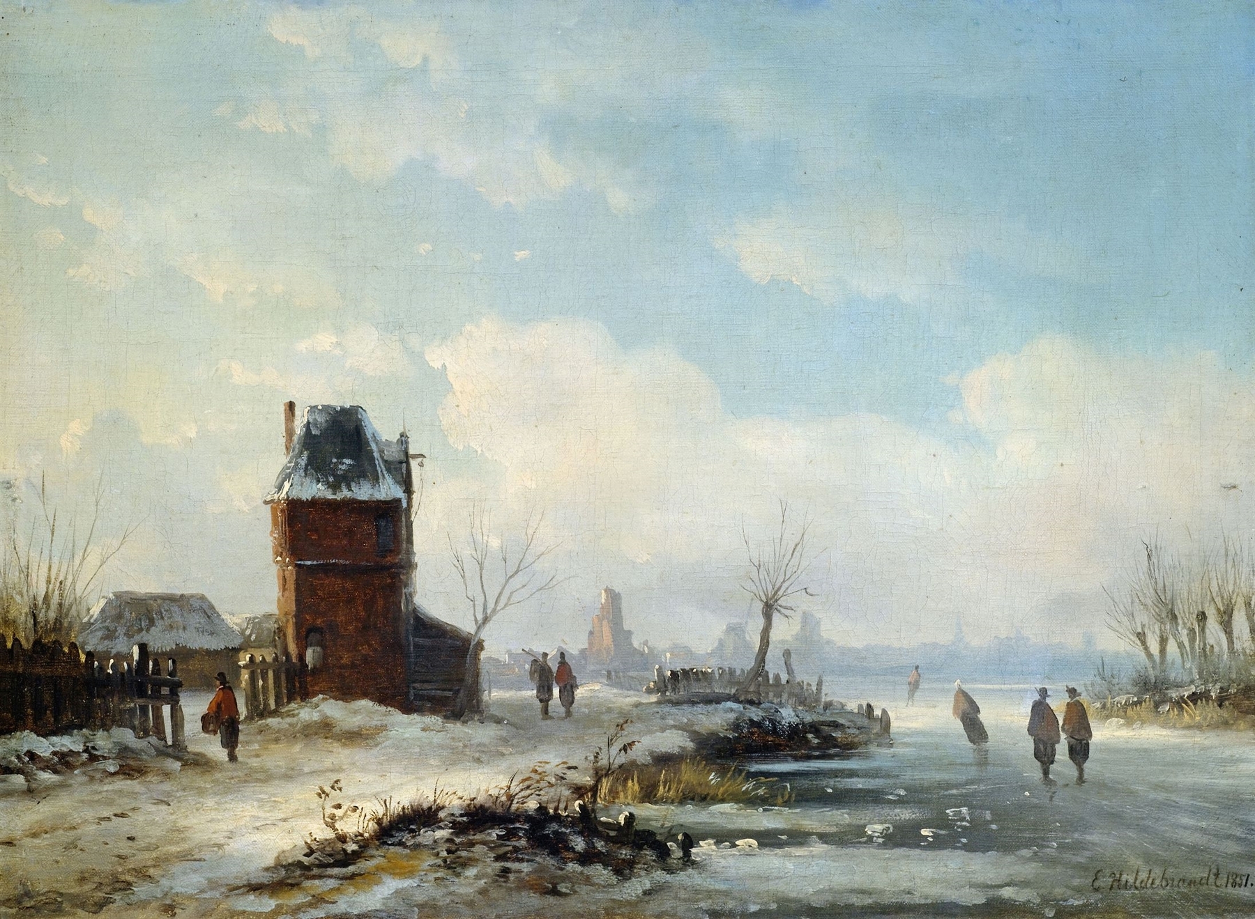 Winterliche Kanallandschaft mit Blick auf eine holländische Stadt, oil on canvas by Eduard Hildebrandt