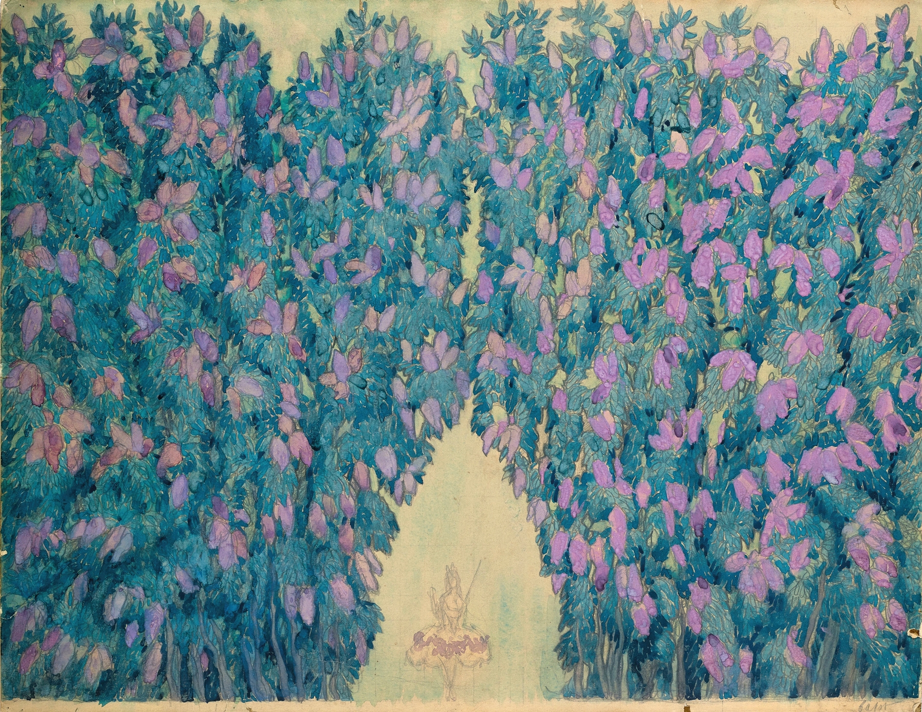 Set design for ‘La Belle au Bois Dormant’; La Poussée des Lilas, by Léon Bakst, public domain