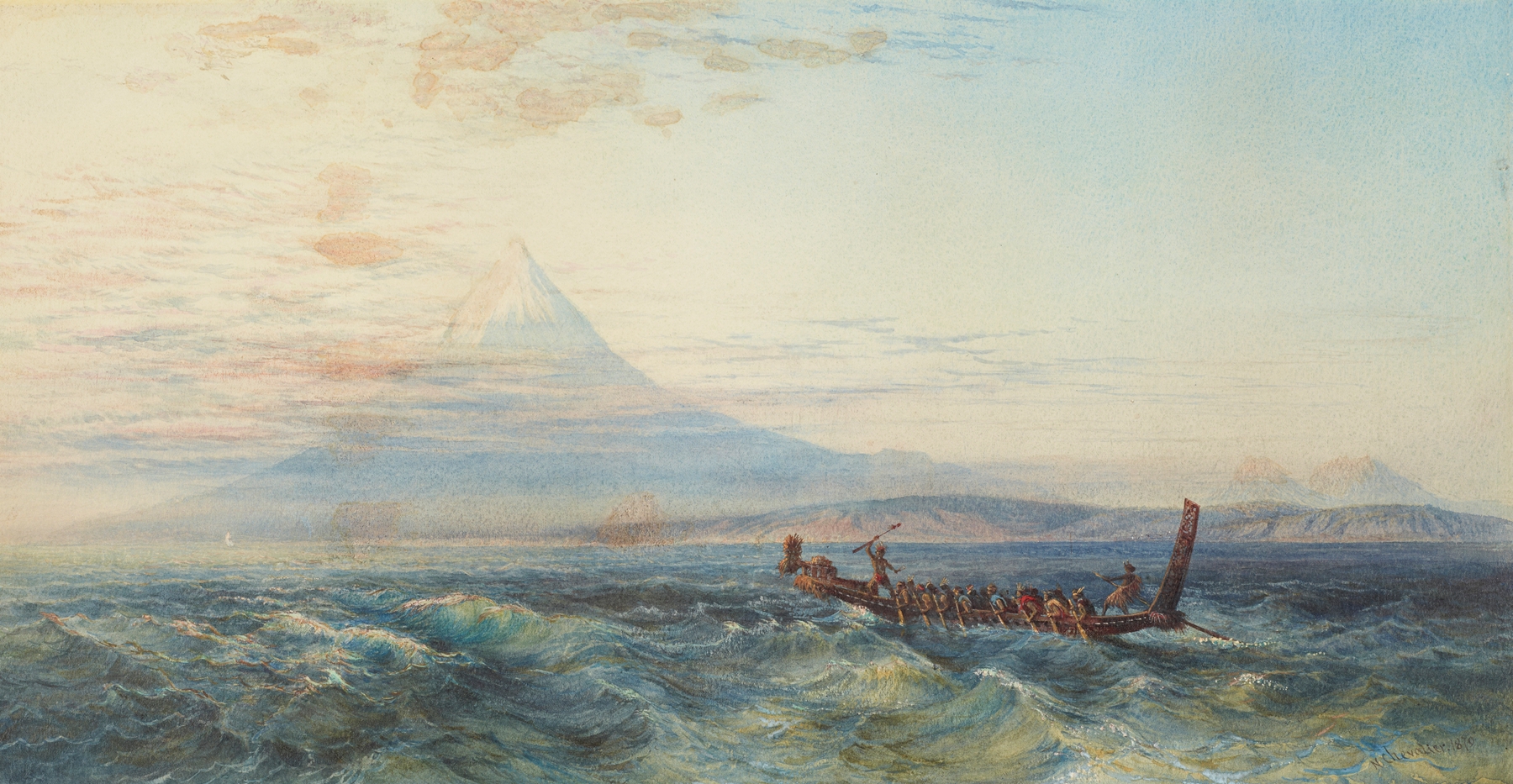 Oil painting by Nicholas Chevalier of a Maori war canoe approaching Taranaki at sunset.