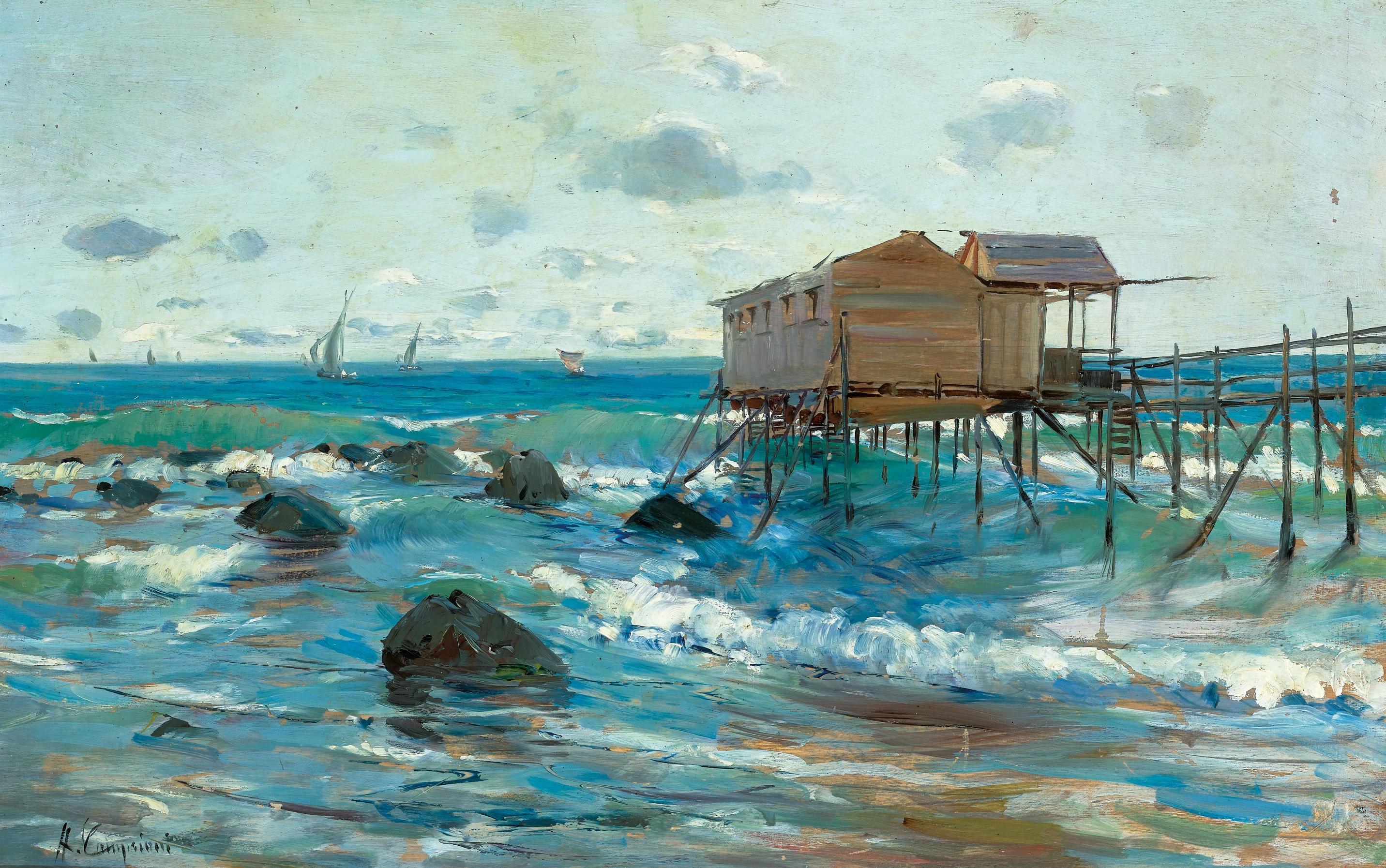 Marine scene depicting a fisherman on the coast, oil painting by Alceste Campriani