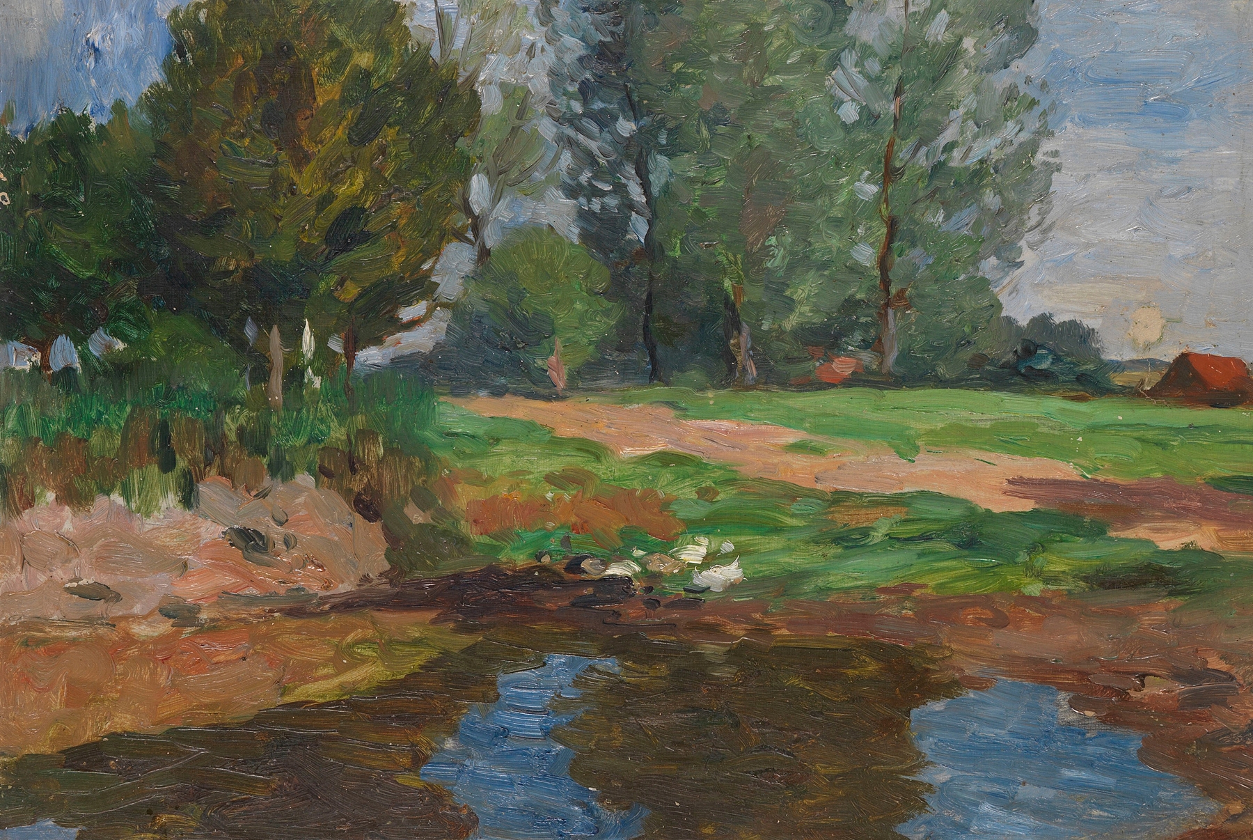 Oil painting by Thomas Herbst depicting a landscape with ducks on a pond