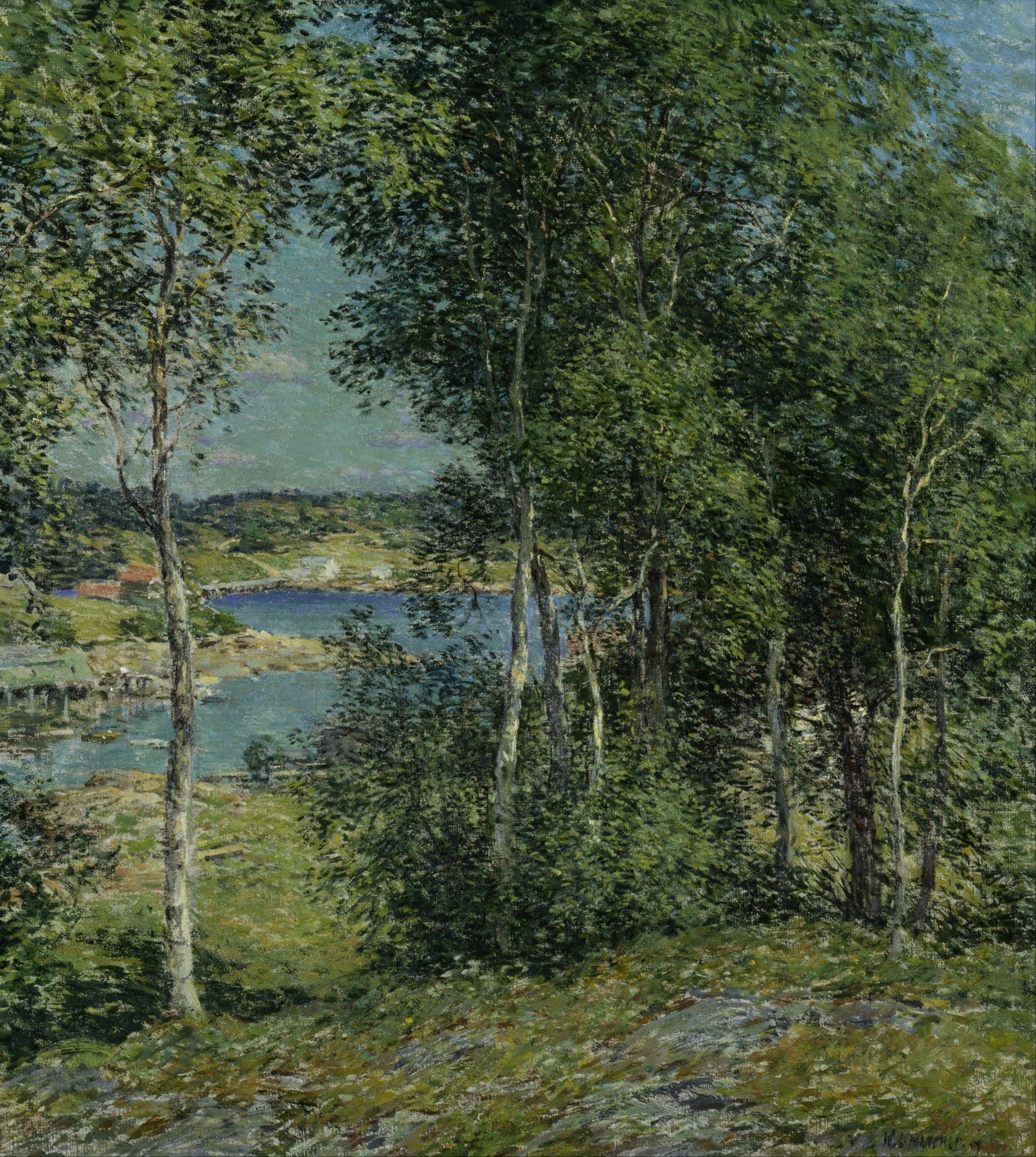A Family of Birches by Willard Leroy Metcalf, impressionist landscape with birch trees and dappled light