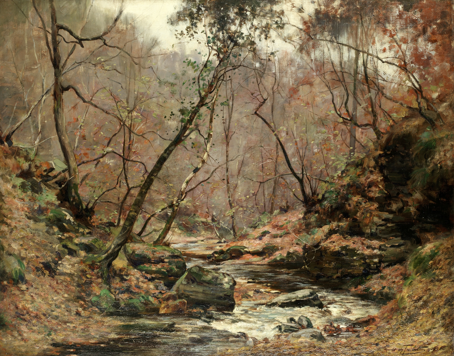 A woodland burn, oil on canvas by John A. Henderson Tarbet, depicting flames engulfing a forest.