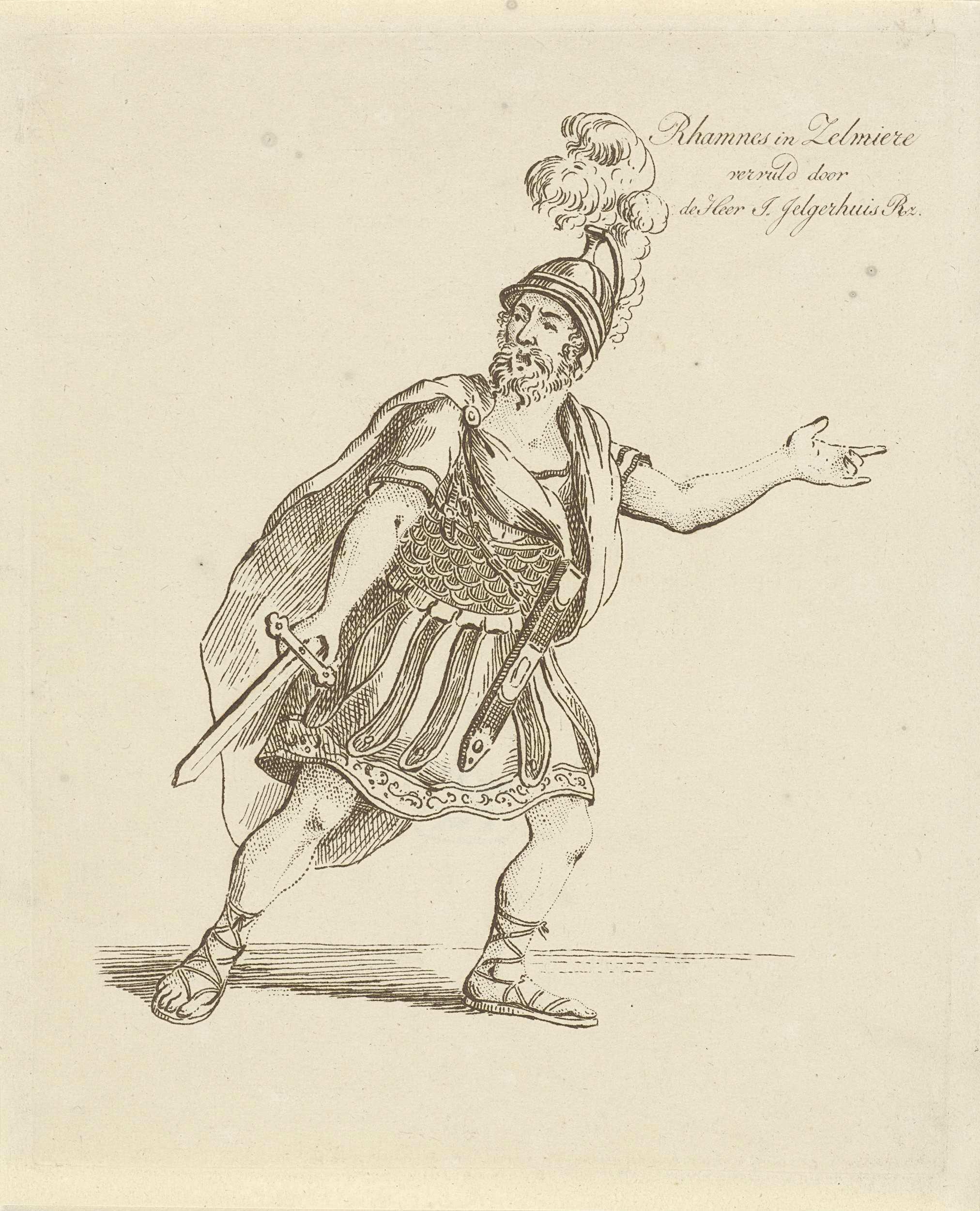 Portrait of a figure in sumptuous fabric, etching by Johannes Jelgerhuis