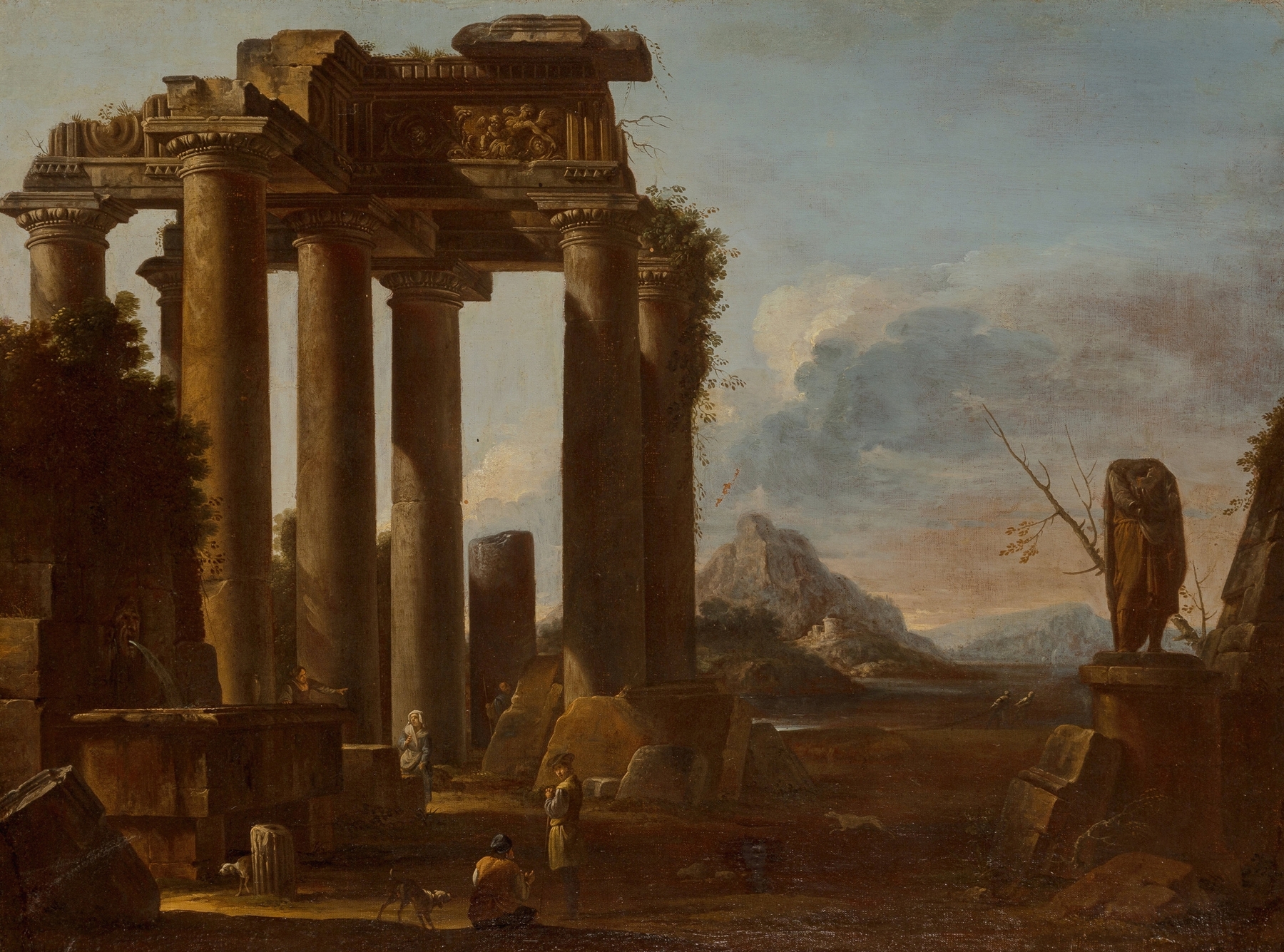A ruined classical temple with figures, oil on canvas by Giovanni Ghisolfi