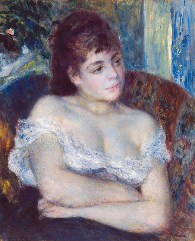 A woman seated in an armchair, painted by Renoir, showcases the artist's signature brushwork and vibrant colors.