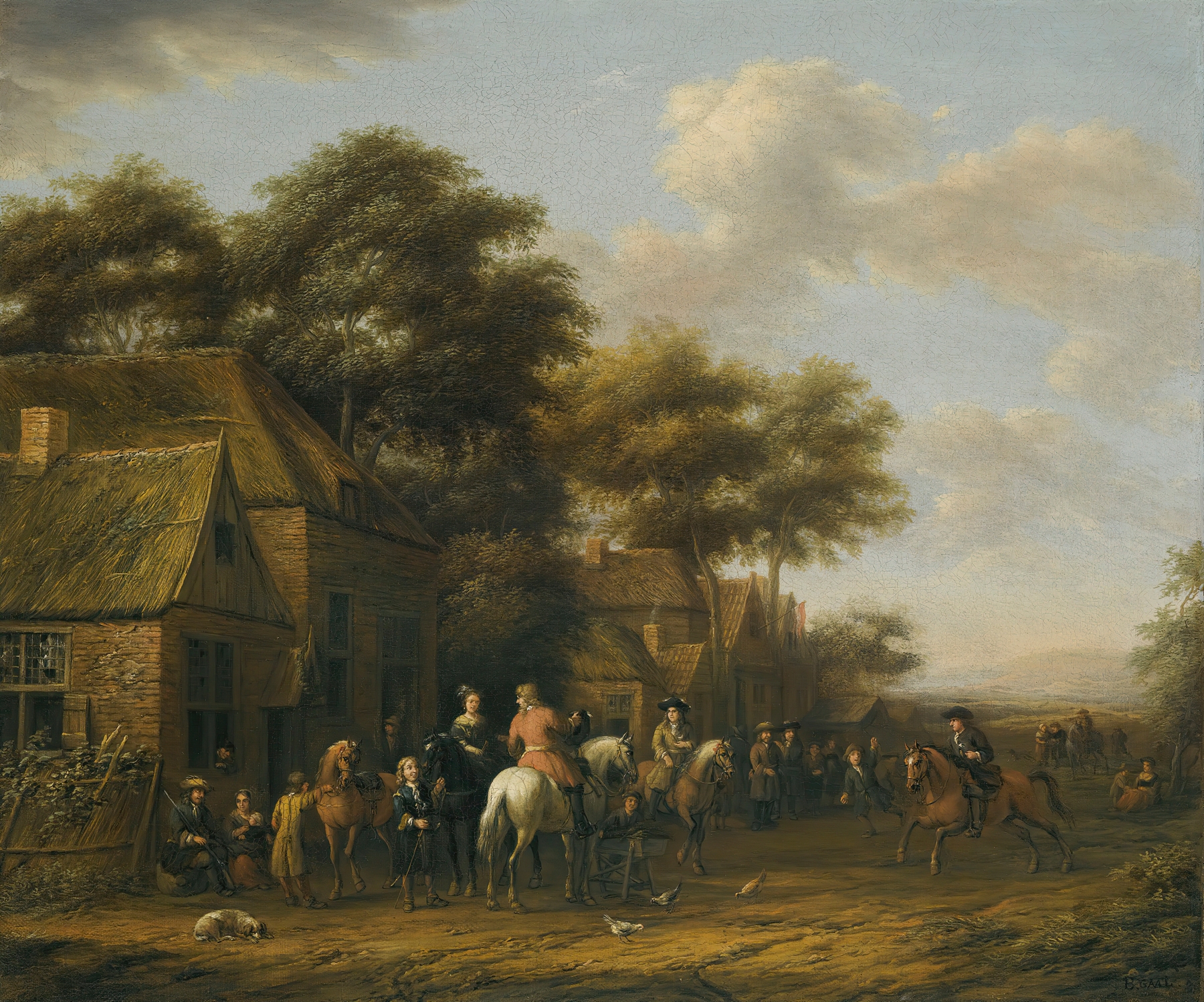 Genre scene with figures, horses, and chickens by Barent Gael.