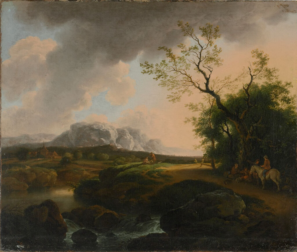 Landscape with Travelers by Ferdinand Kobell, oil on canvas depicting a winding path through a forest.