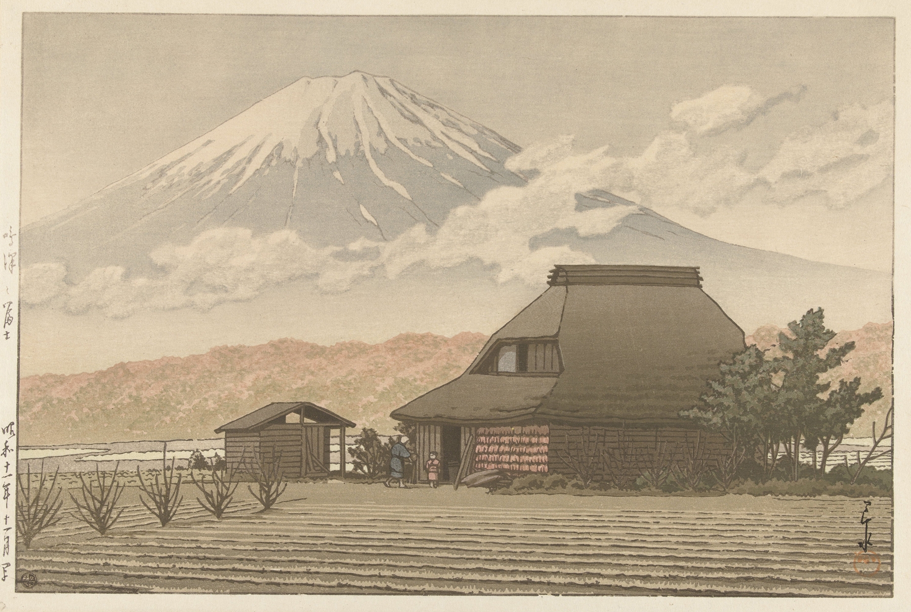 Fuji vanaf het dorp Narusawa, by Kawase Hasui, public domain